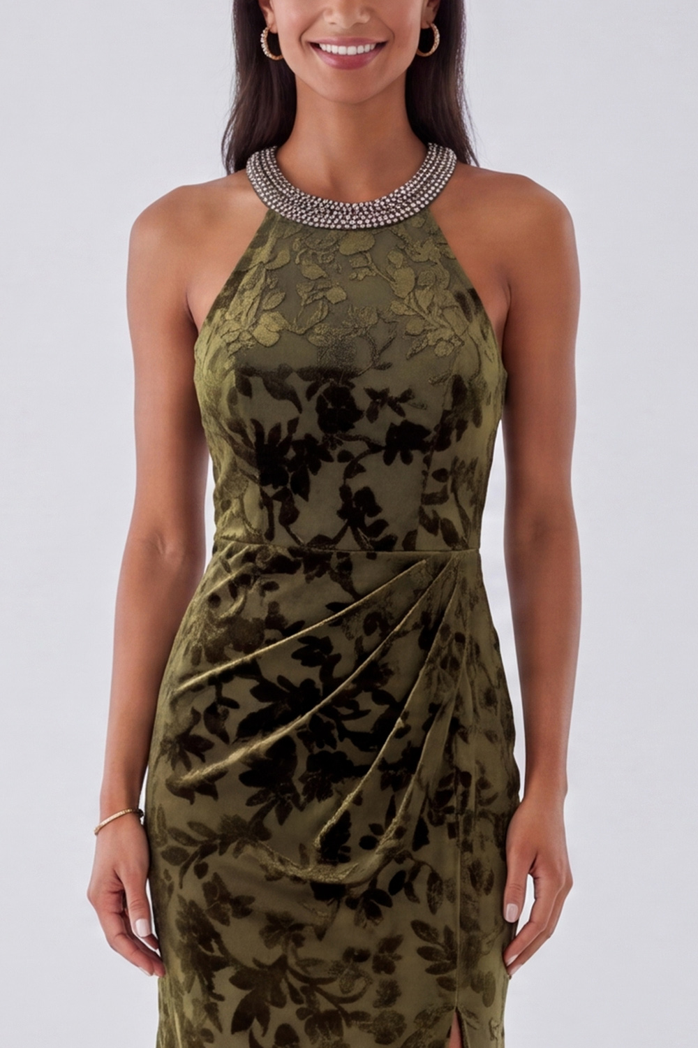 Black Floral Sheath Round Neck Long Formal Dress with Beading