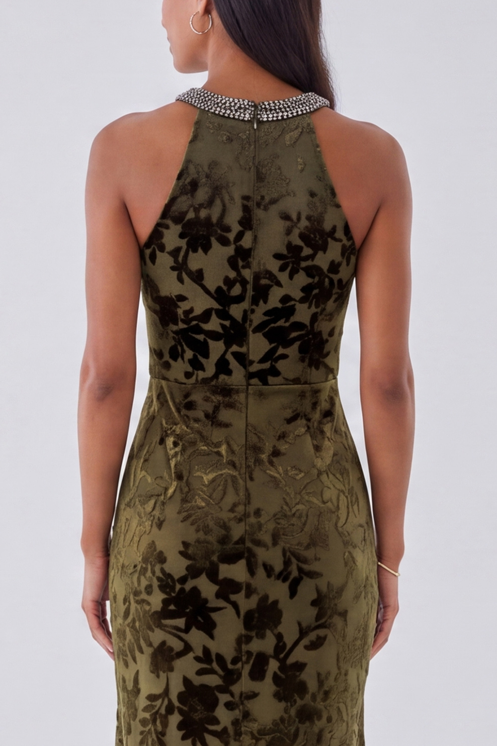 Black Floral Sheath Round Neck Long Formal Dress with Beading