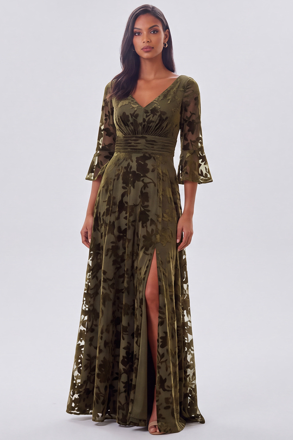 Olive A-Line V-Neck Ruched Flare Sleeves Long Formal Dress with Slit
