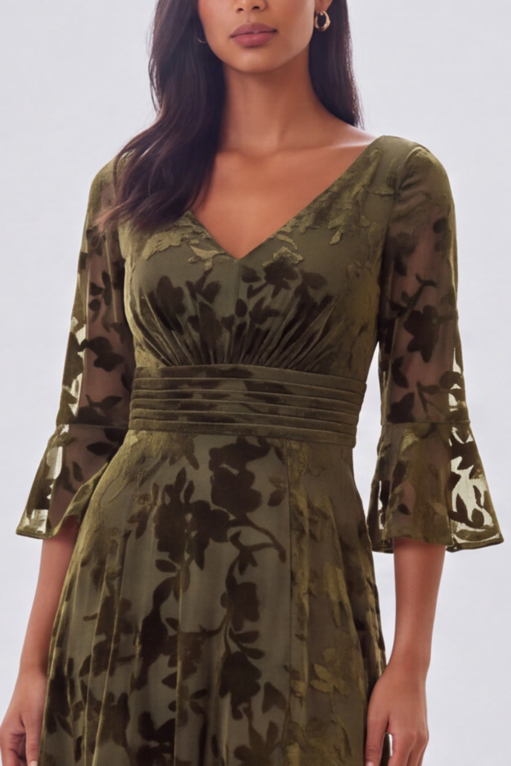 Olive A-Line V-Neck Ruched Flare Sleeves Long Formal Dress with Slit