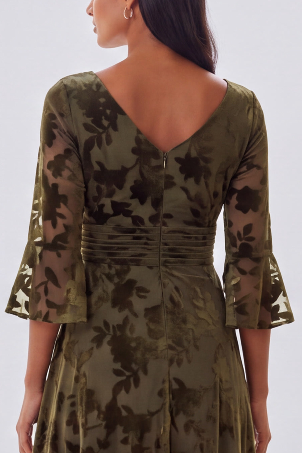 Olive A-Line V-Neck Ruched Flare Sleeves Long Formal Dress with Slit