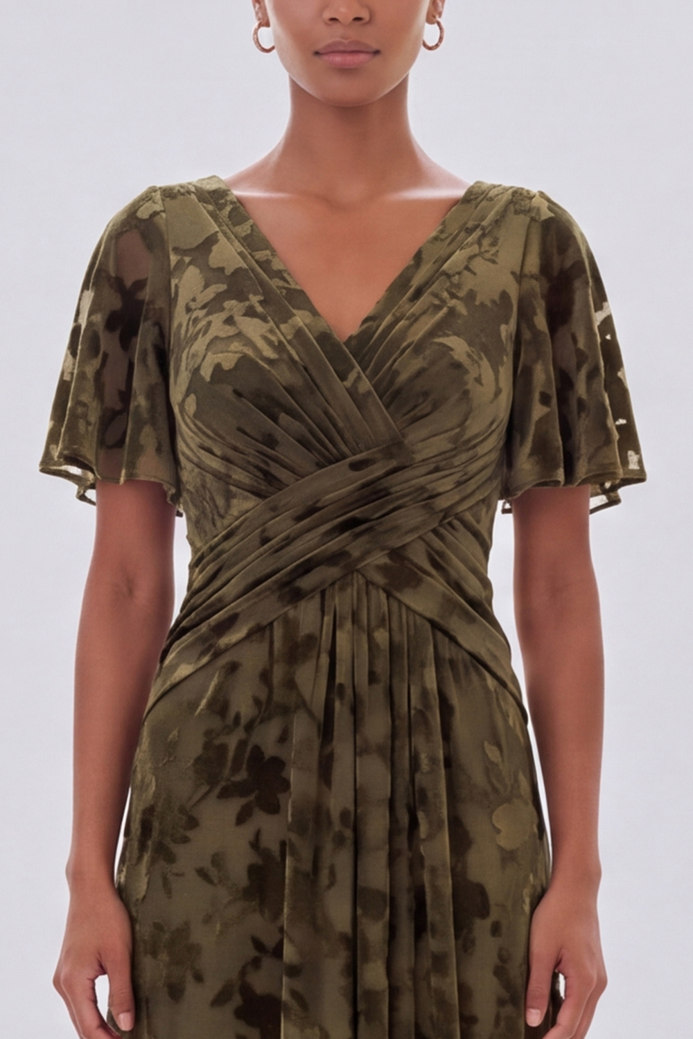 Olive Sheath V-Neck Ruched Flutter Sleeves Long Formal Dress