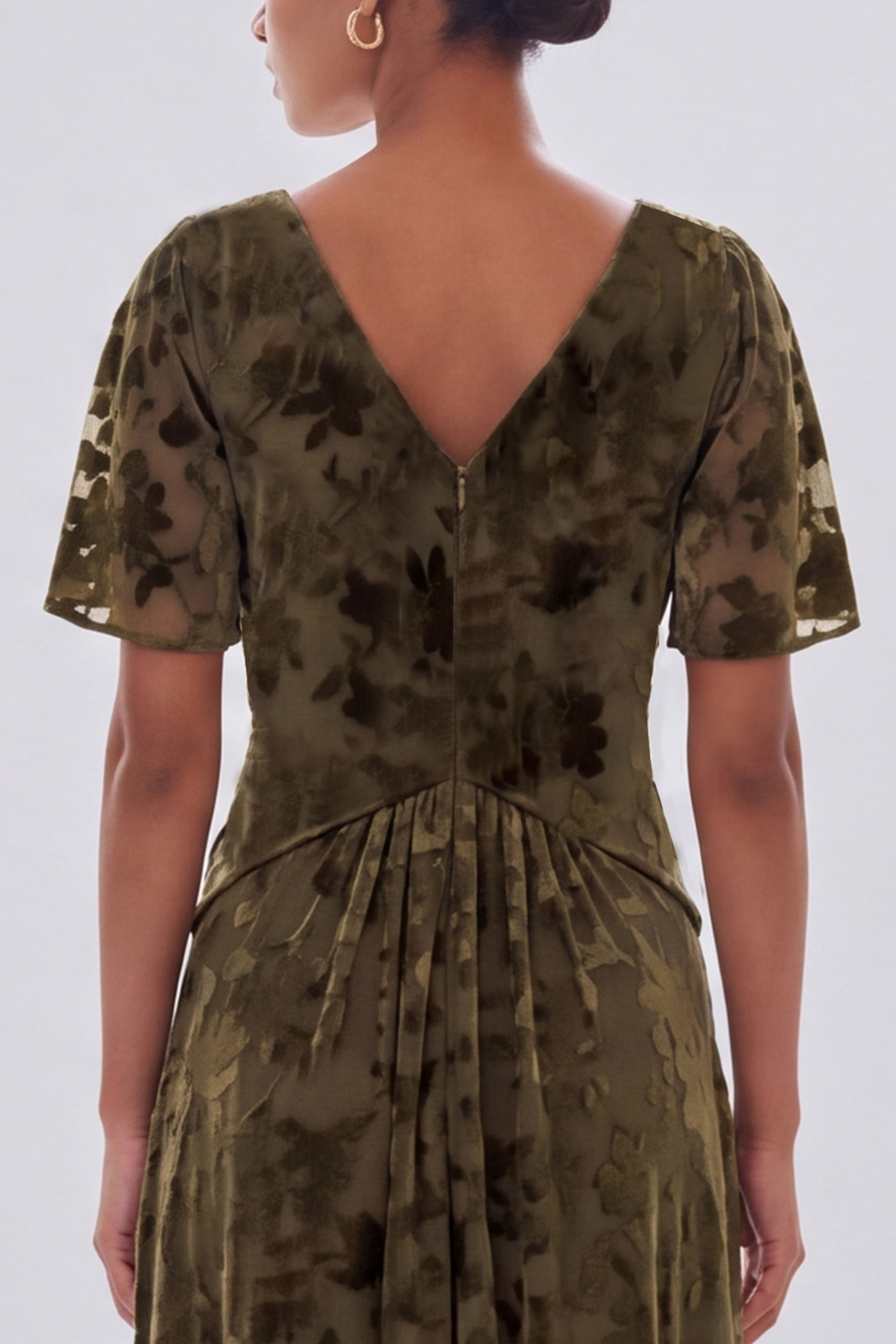Olive Sheath V-Neck Ruched Flutter Sleeves Long Formal Dress