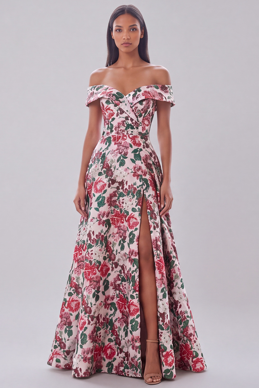 Red Floral A-Line Off the Shoulder Long Formal Dress with Slit
