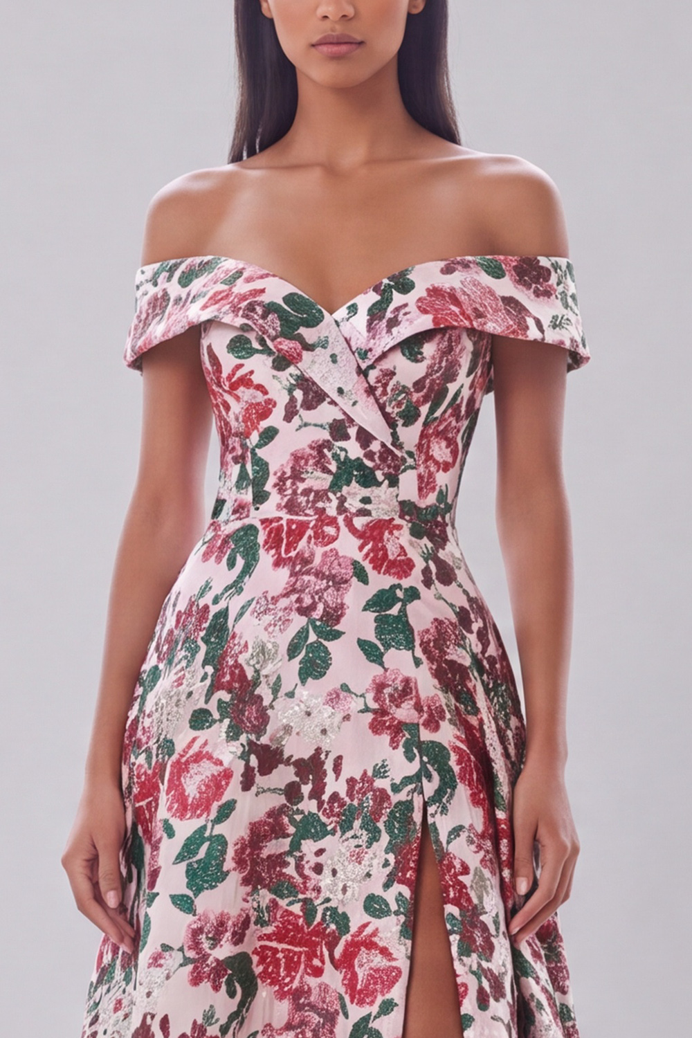 Red Floral A-Line Off the Shoulder Long Formal Dress with Slit