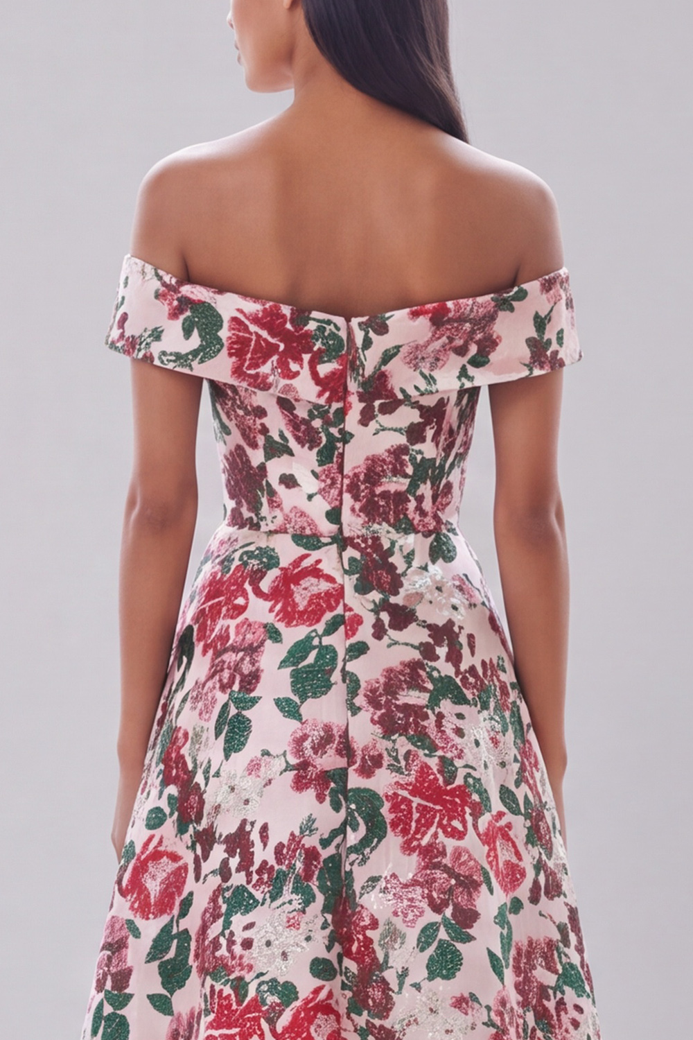 Red Floral A-Line Off the Shoulder Long Formal Dress with Slit