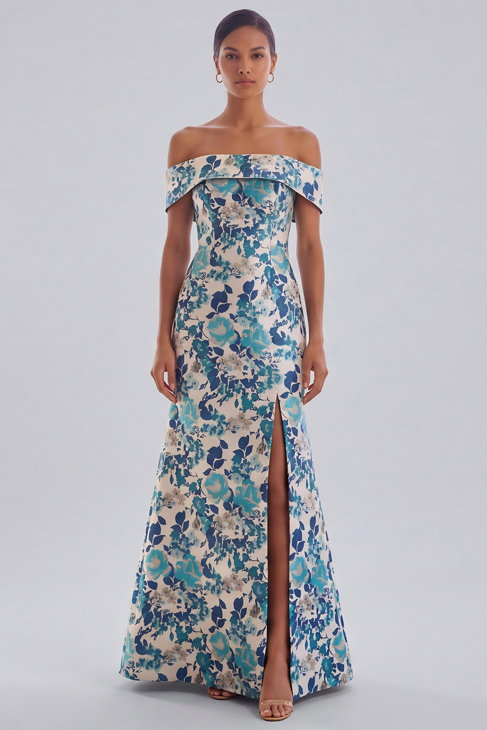 Blue Flower A Line Off the Shoulder Floral Long Formal Dress with Slit