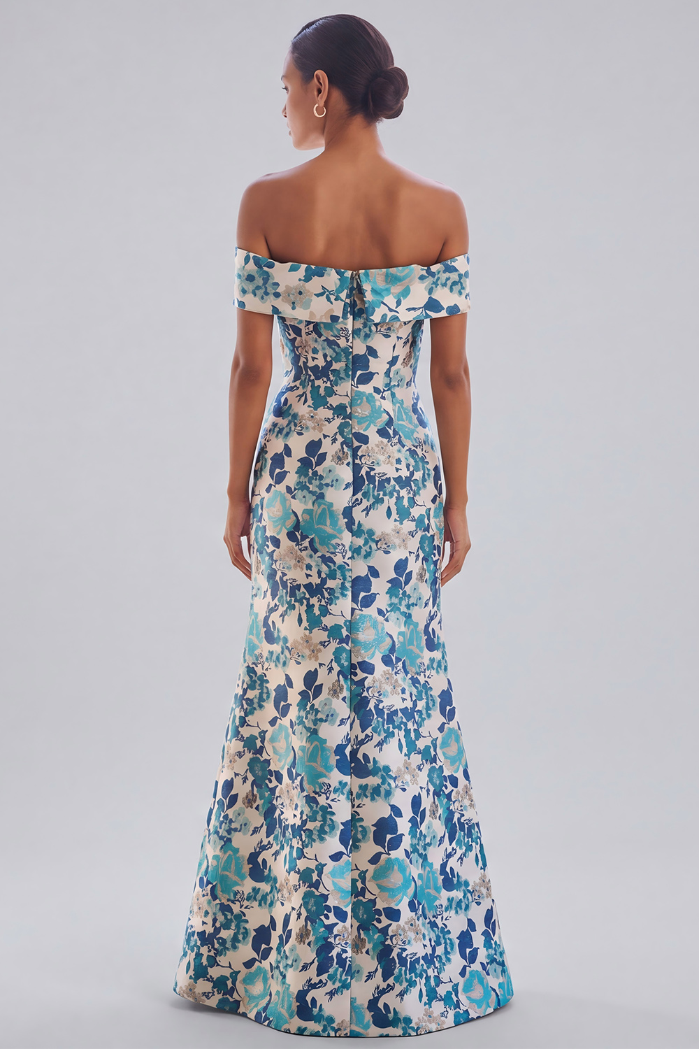 Blue Flower A Line Off the Shoulder Floral Long Formal Dress with Slit