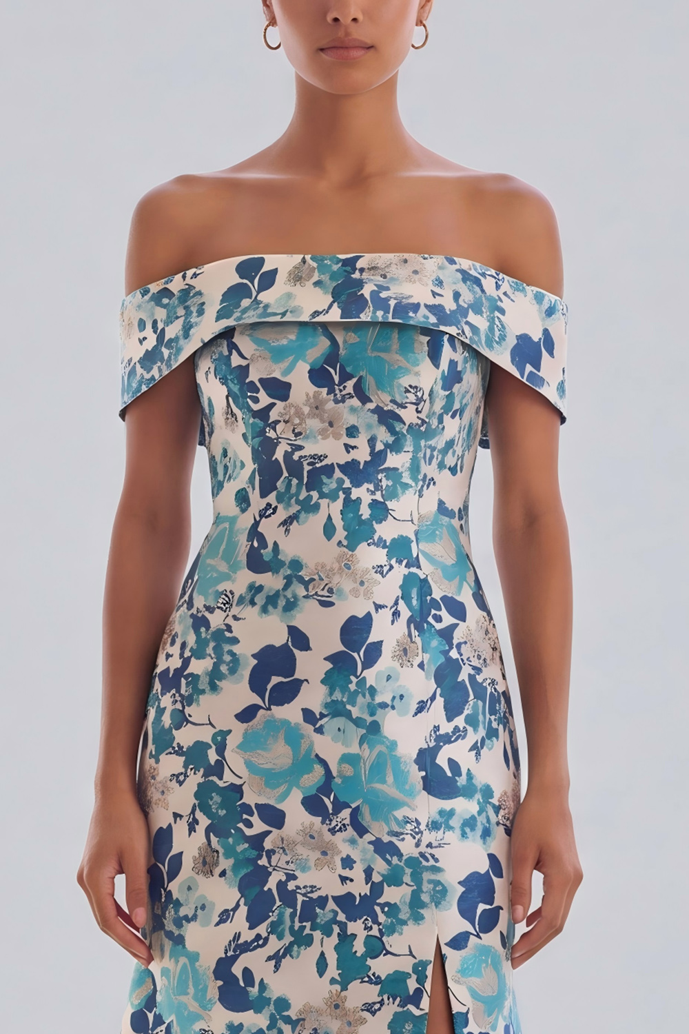 Blue Flower A Line Off the Shoulder Floral Long Formal Dress with Slit