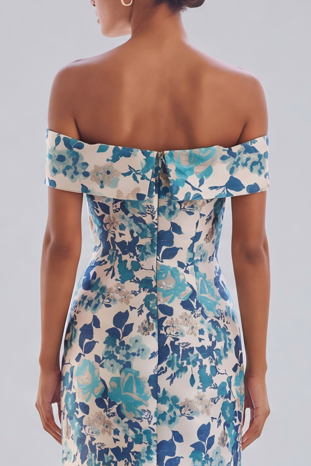 Blue Flower A Line Off the Shoulder Floral Long Formal Dress with Slit