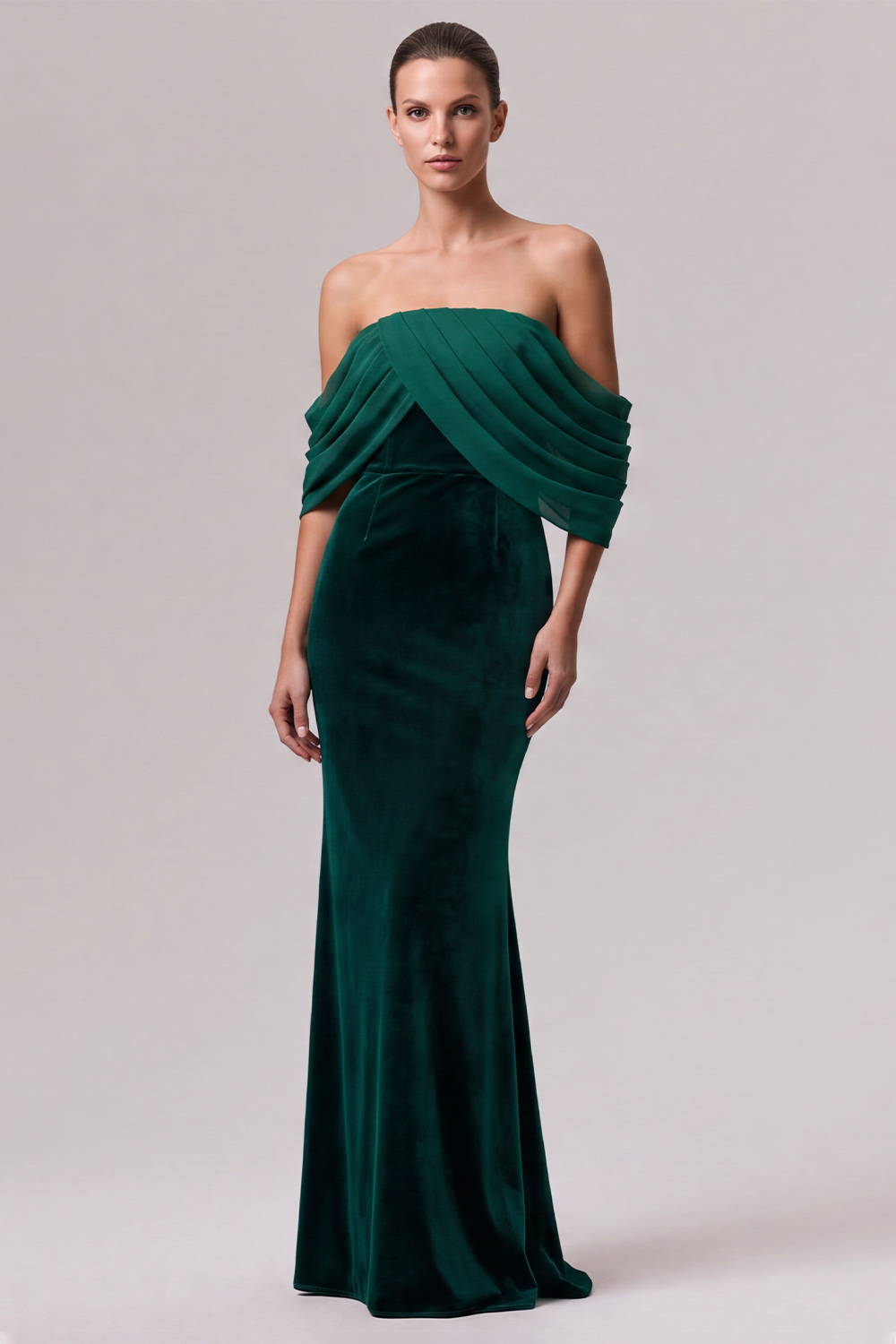 Dark Green Mermaid Off the Shoulder Draped Velvet Long Formal Dress