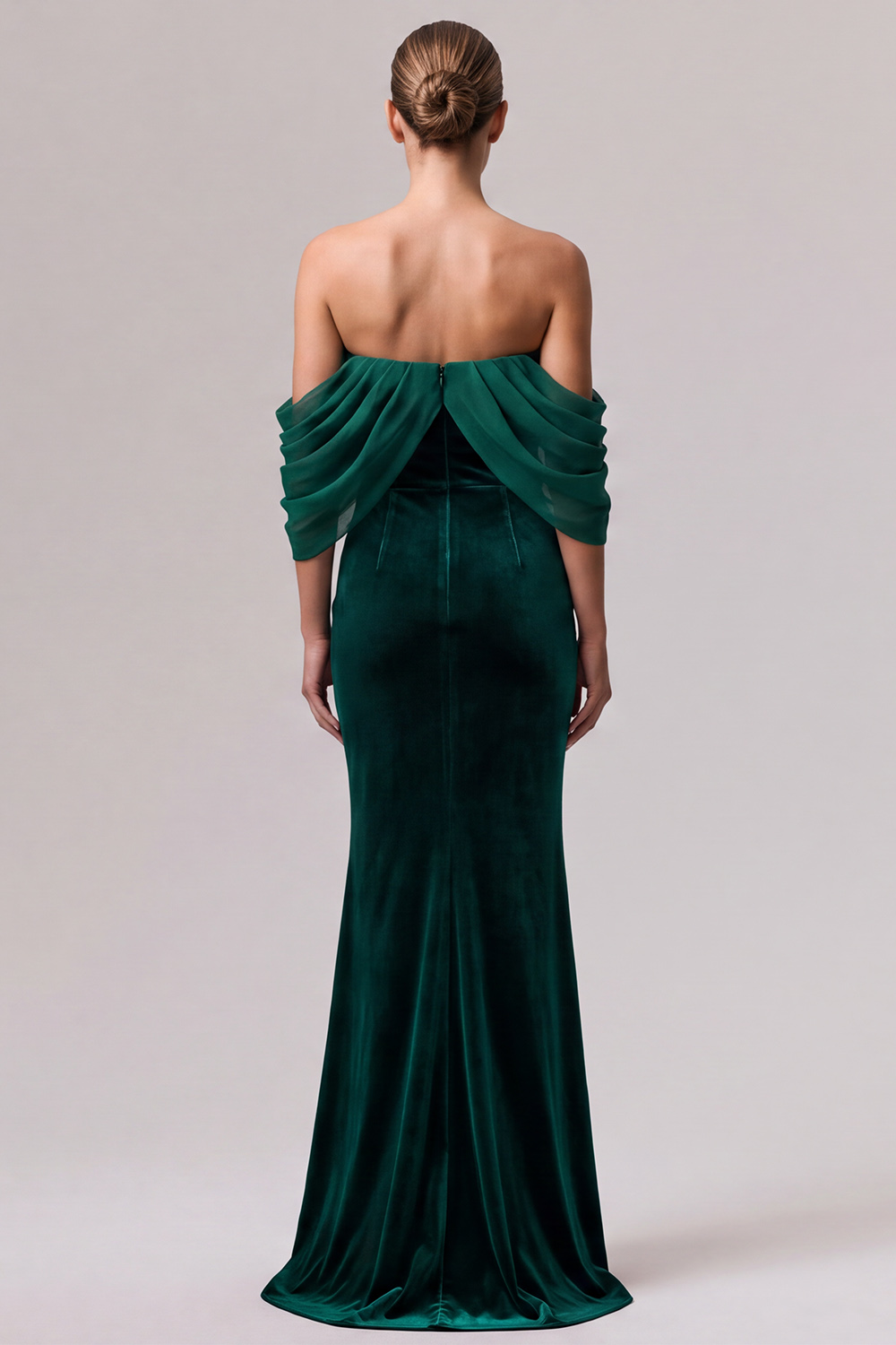 Dark Green Mermaid Off the Shoulder Draped Velvet Long Formal Dress