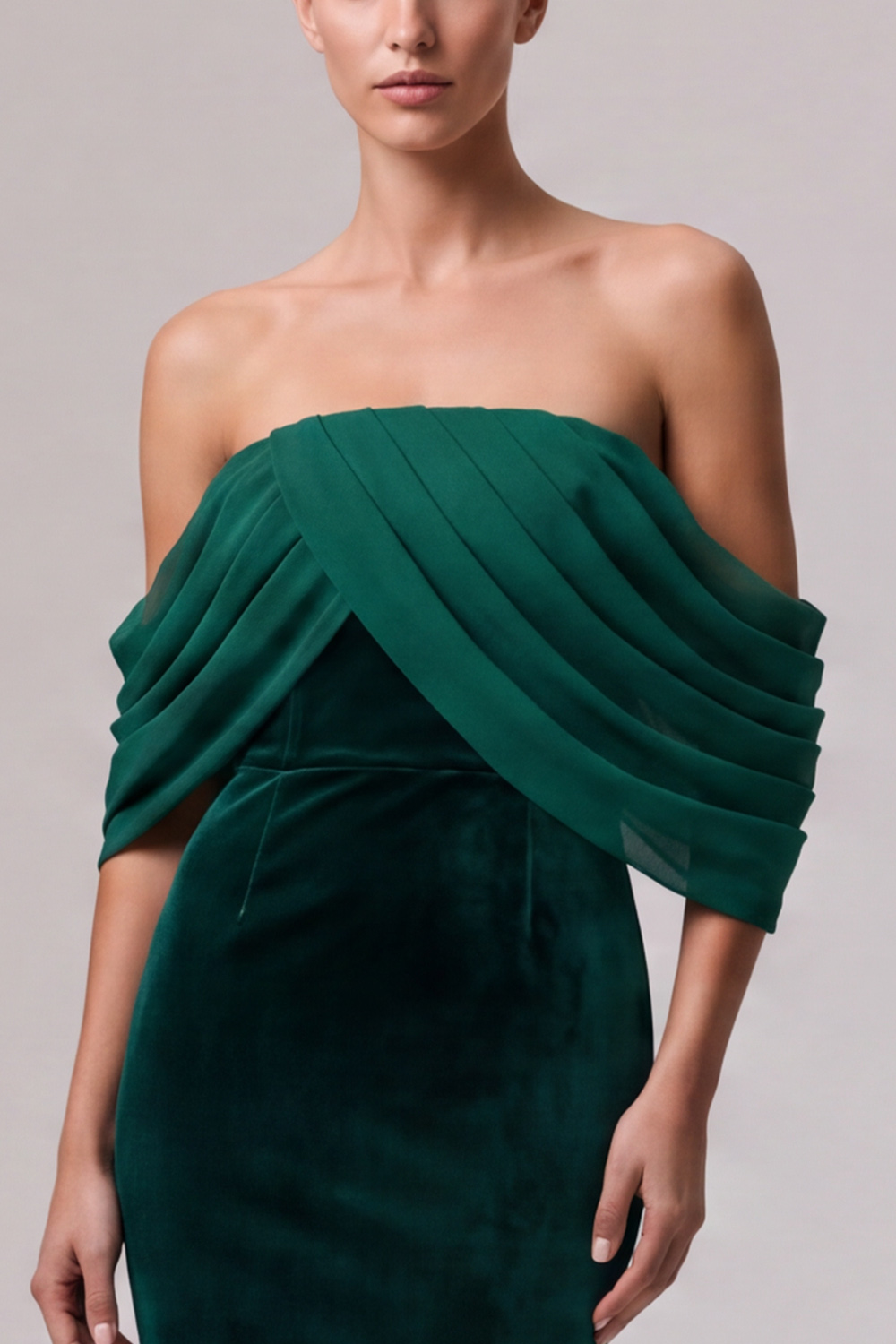 Dark Green Mermaid Off the Shoulder Draped Velvet Long Formal Dress