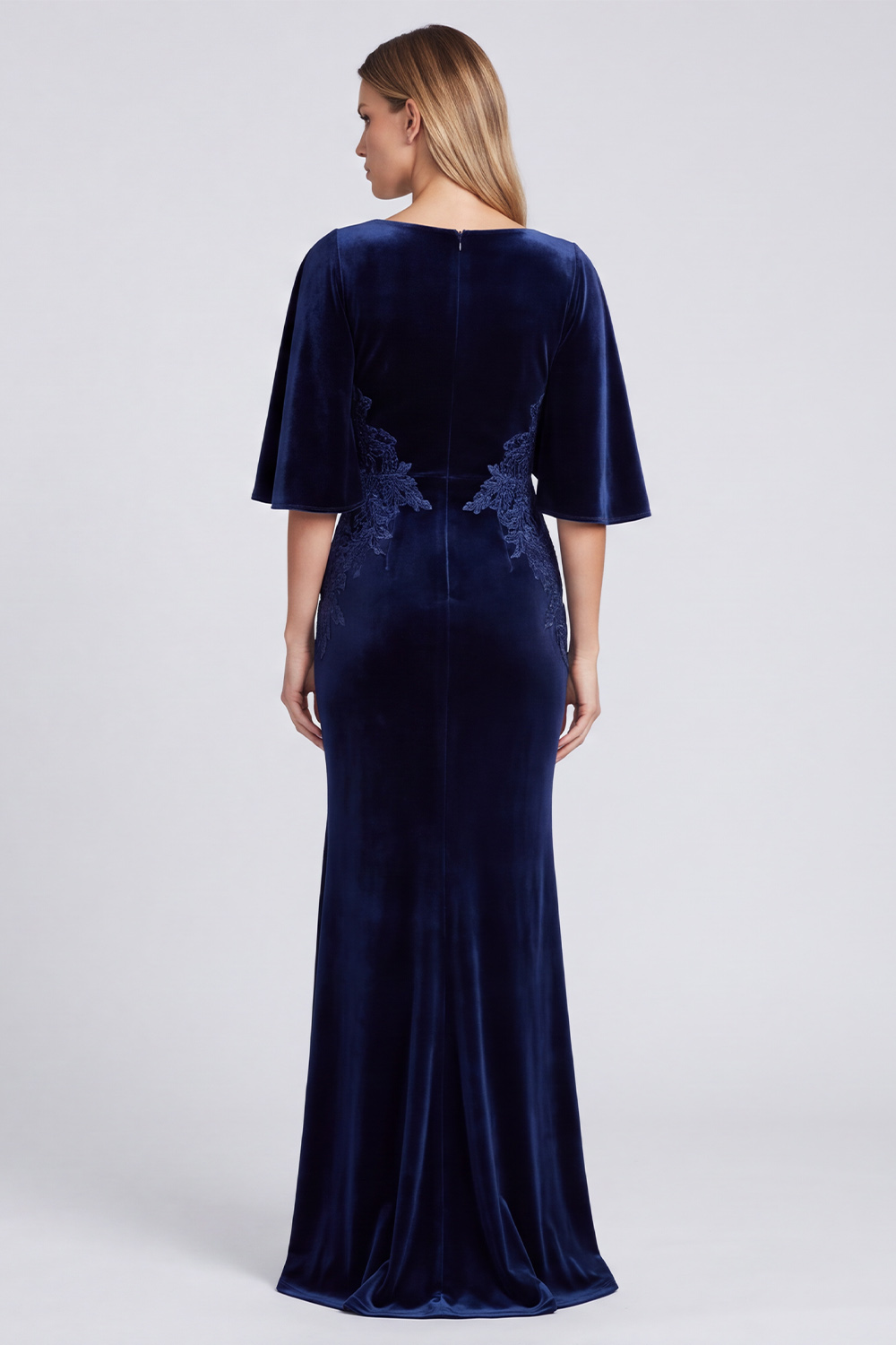 Navy Sheath V-Neck Velvet Long Formal Dress with Embroidery