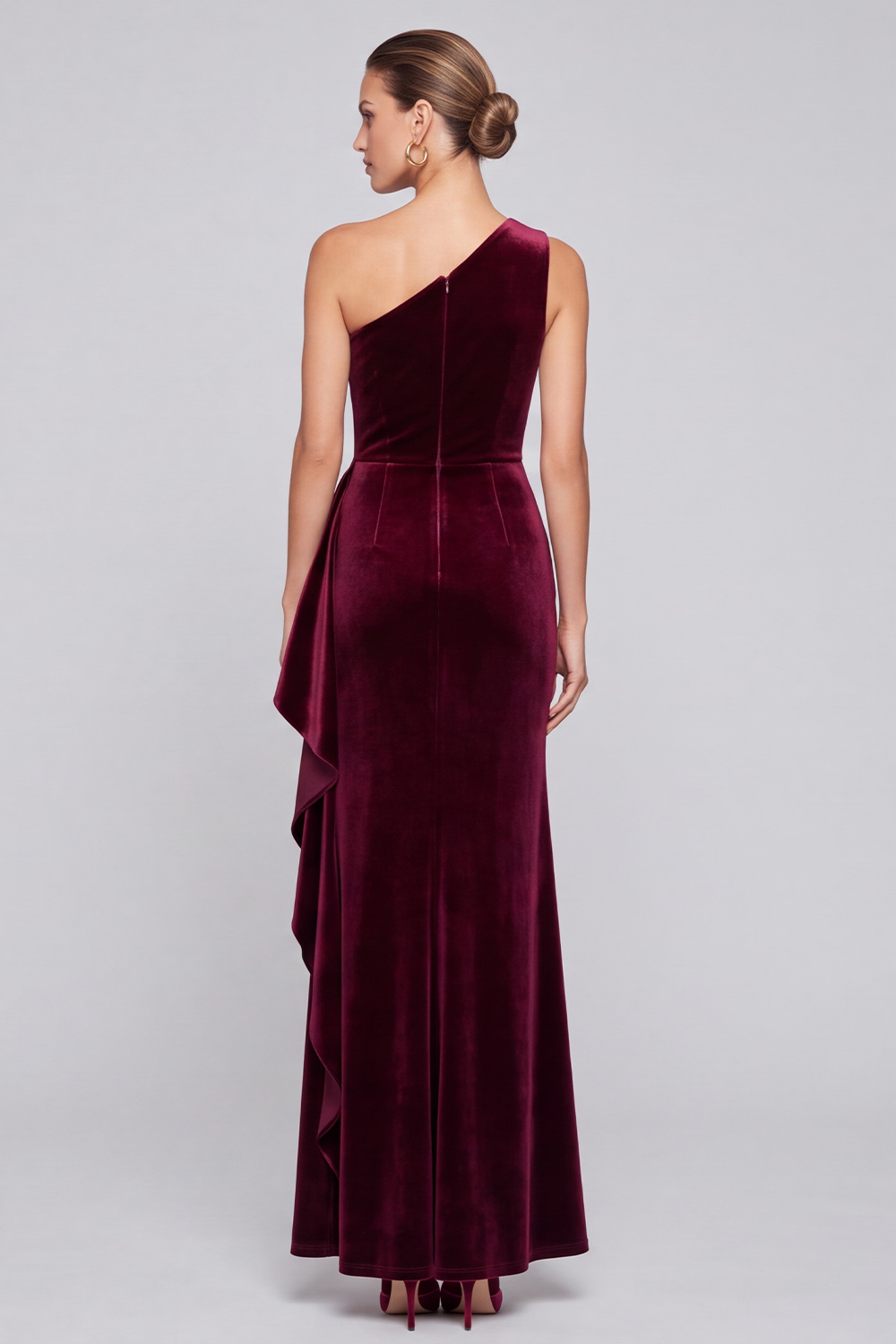 Burgundy Sheath One Shoulder Velvet Ruffled Long Holiday Party Dress