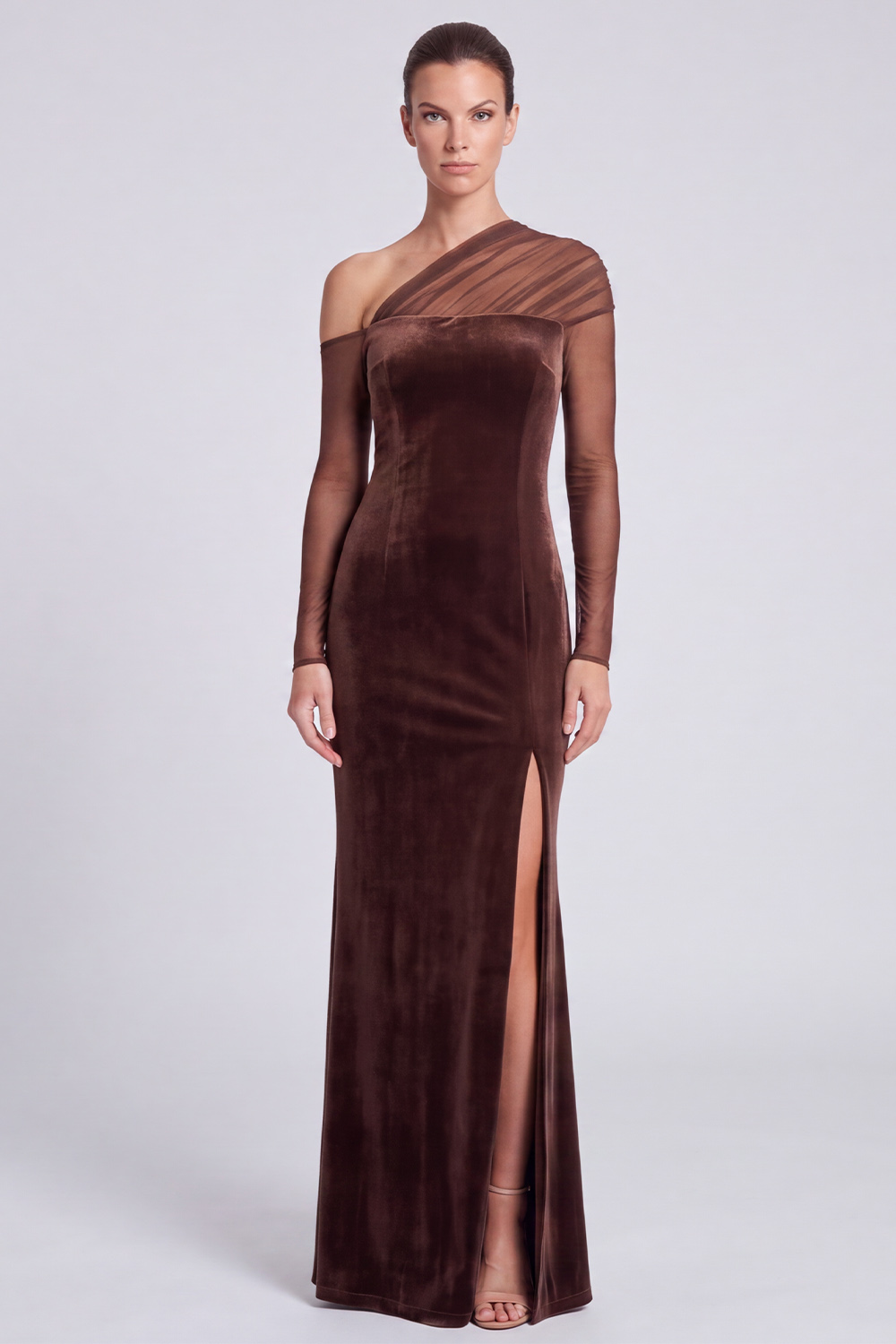 Coffee Sheath One Shoulder Velvet Long Formal Dress with Slit
