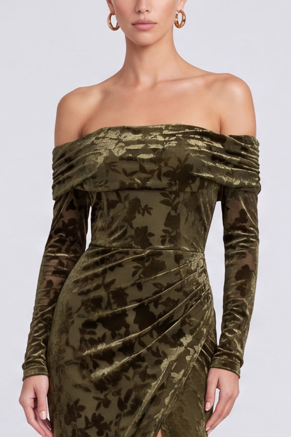 Olive Sheath Off the Shoulder Ruched Long Formal Dress with Slit