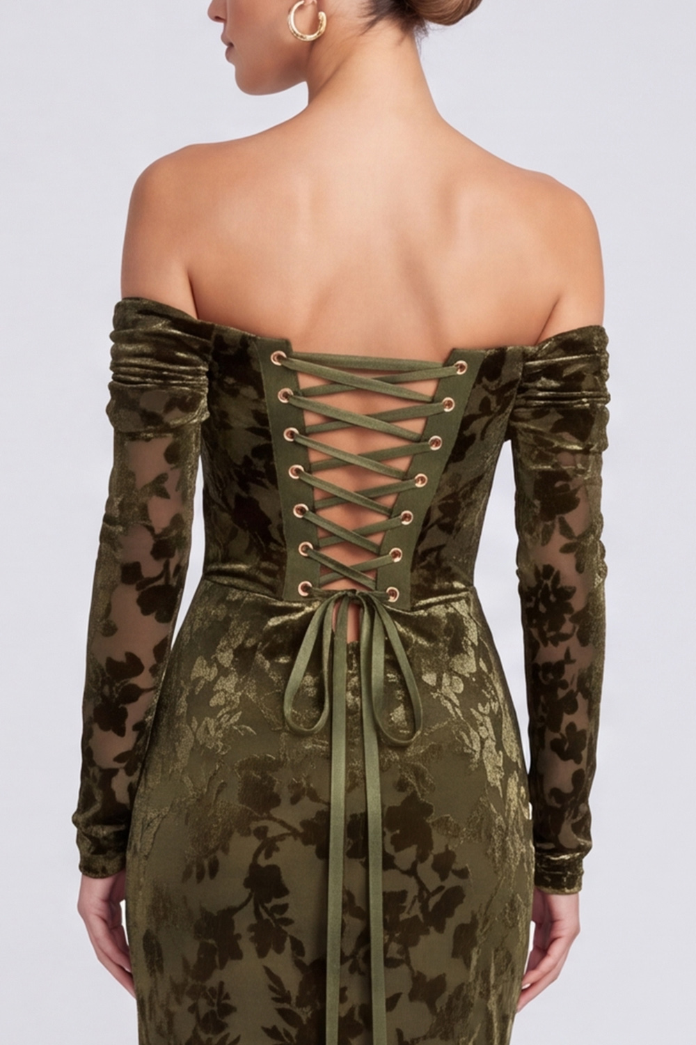 Olive Sheath Off the Shoulder Ruched Long Formal Dress with Slit