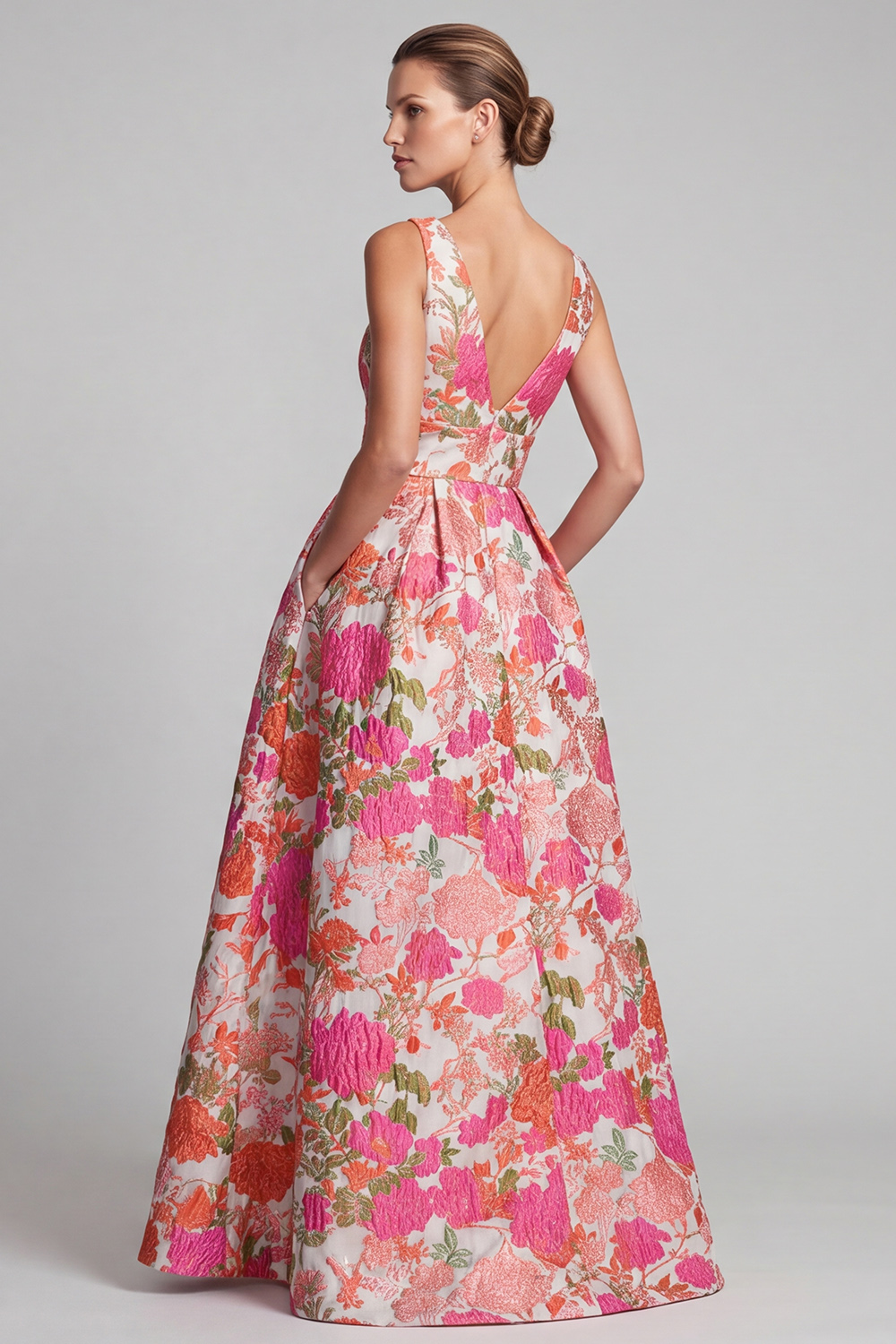 Pink A-Line V-Neck Floral Long Formal Dress with Pockets