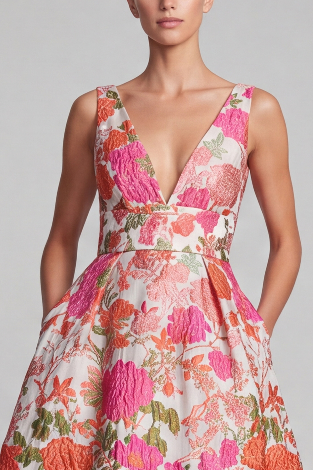 Pink A-Line V-Neck Floral Long Formal Dress with Pockets