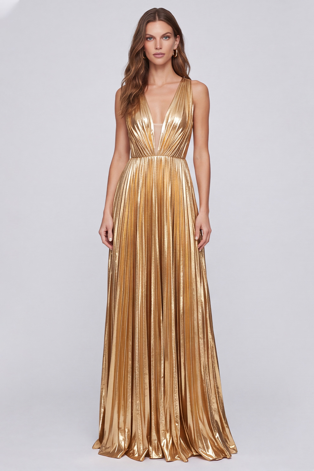 Gold A-Line V-Neck Pleated Long Formal Dress