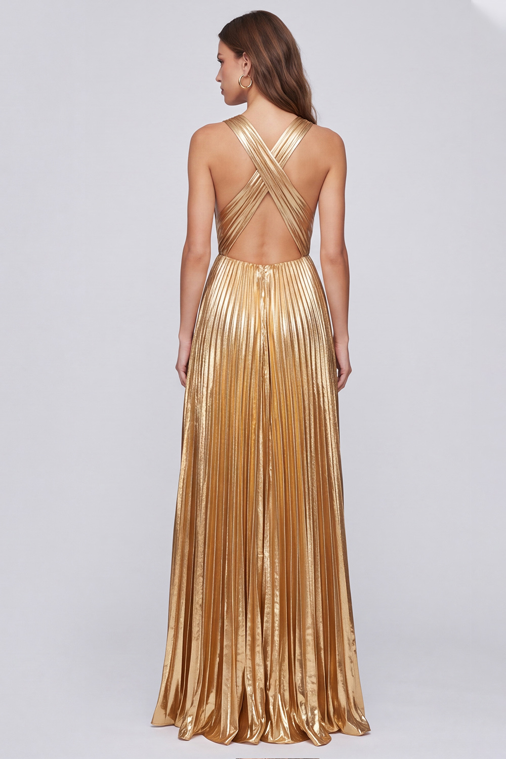 Gold A-Line V-Neck Pleated Long Formal Dress
