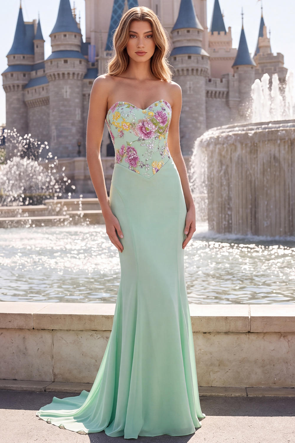 Sage Green Mermaid Sweetheart Floral Long Prom Dress with Sequins