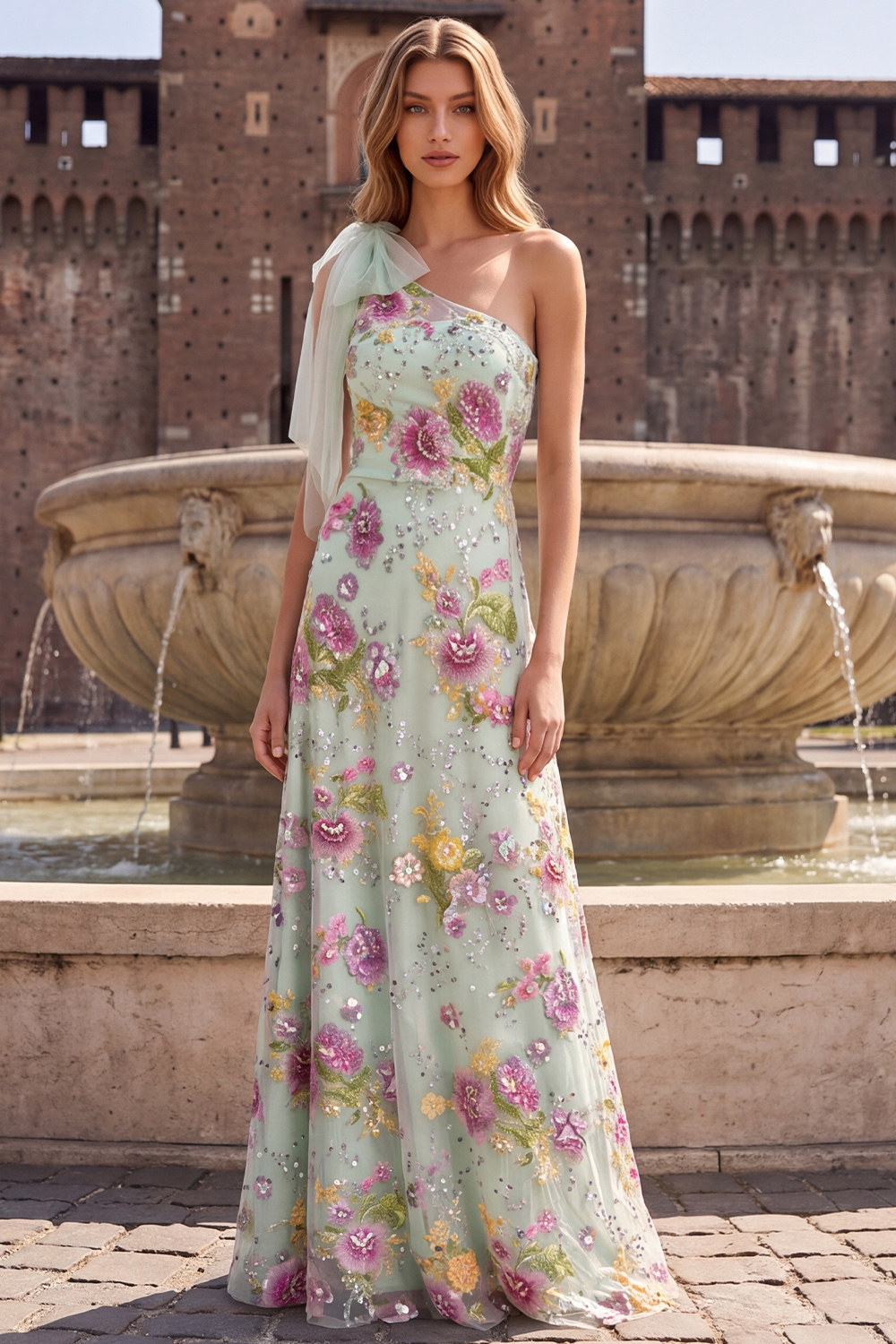 Sparkly Sage Green A-Line One Shoulder Floral Long Prom Dress