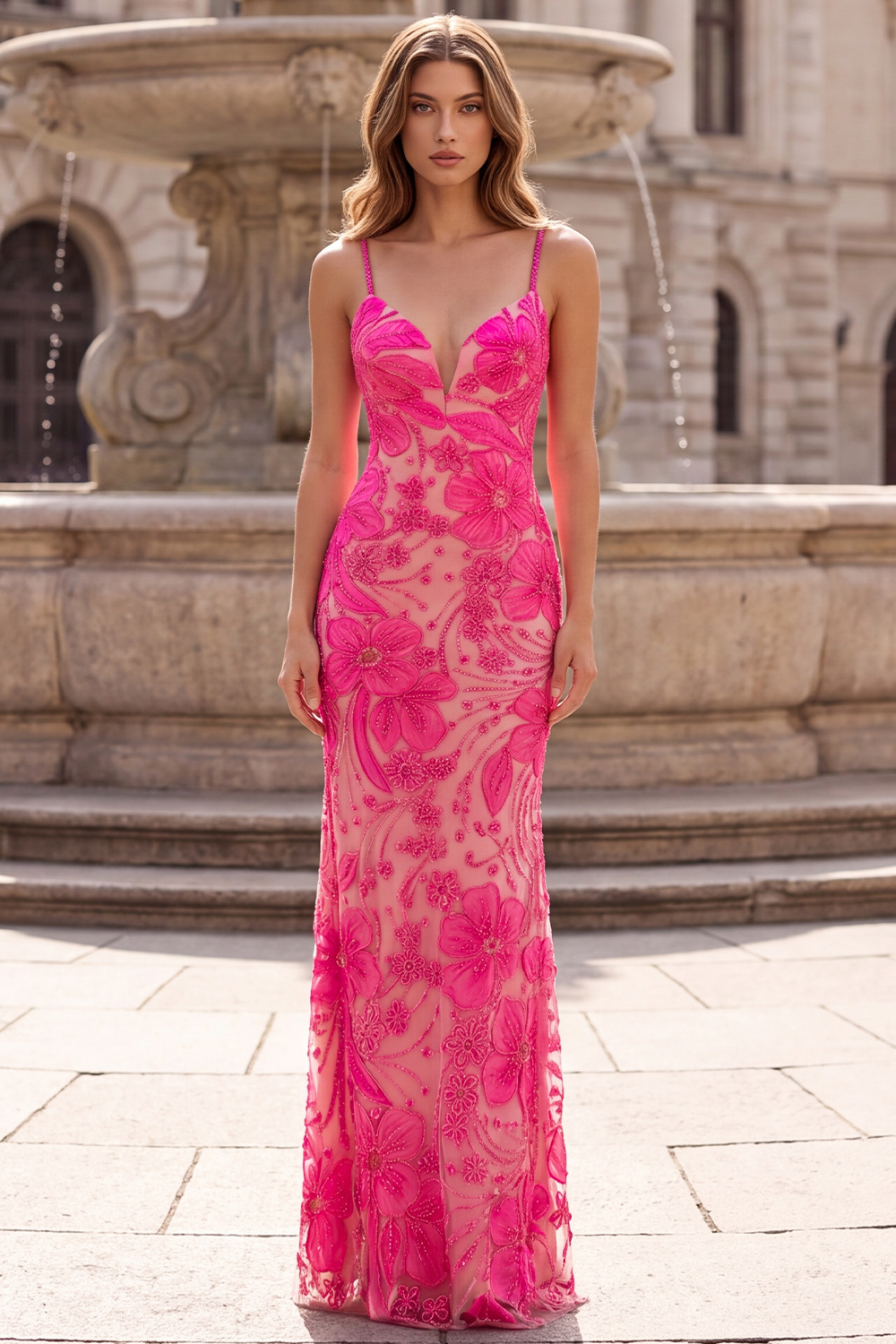 Fuchsia Sheath Spaghetti Straps Floral Long Prom Dress