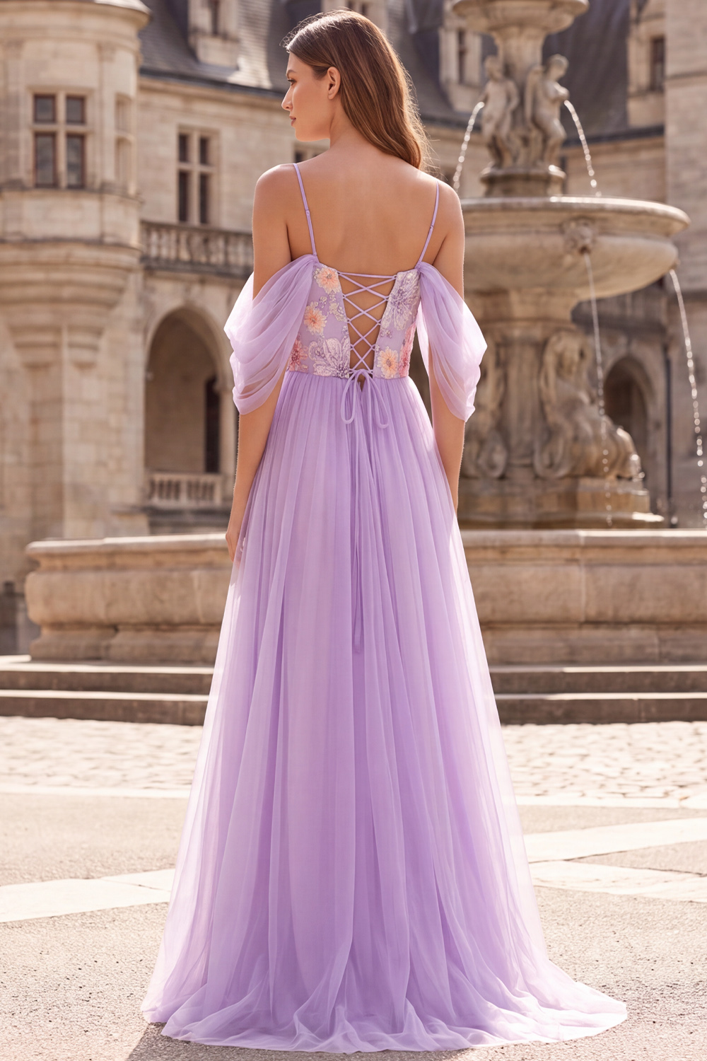 Lilac Floral A-Line Cold Shoulder Tulle Long Prom Dress