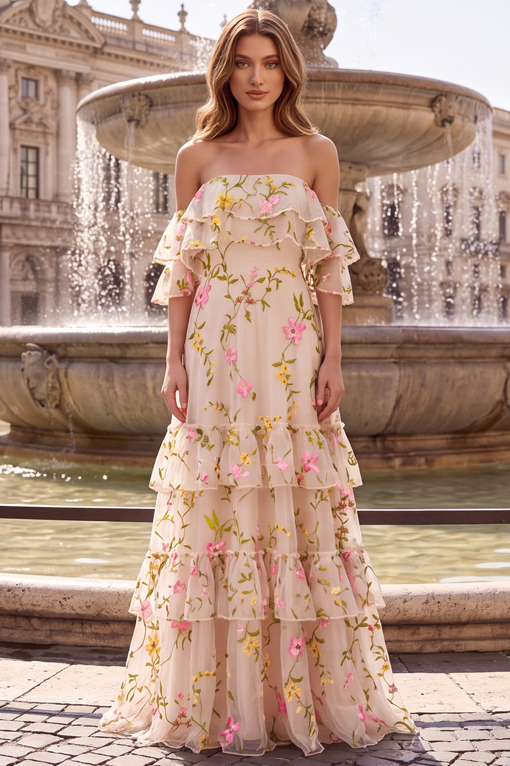 Champagne Off the Shoulder Tiered Floral Long Prom Dress