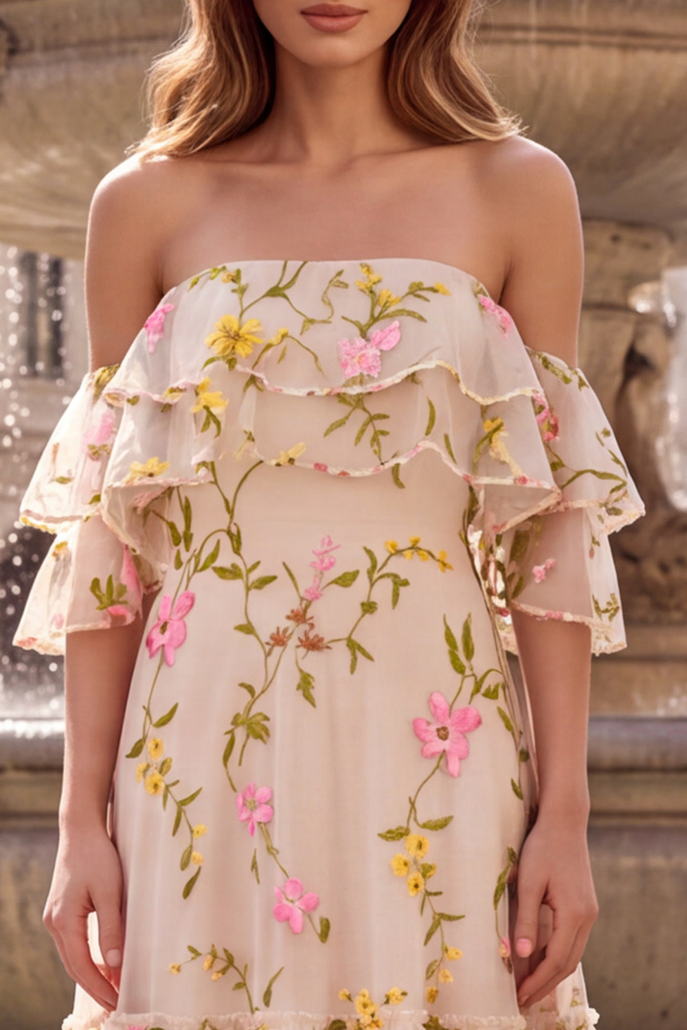 Champagne Off the Shoulder Tiered Floral Long Prom Dress