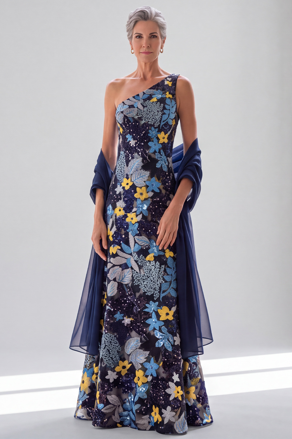 Navy A Line One Shoulder Floral Long Formal Dress