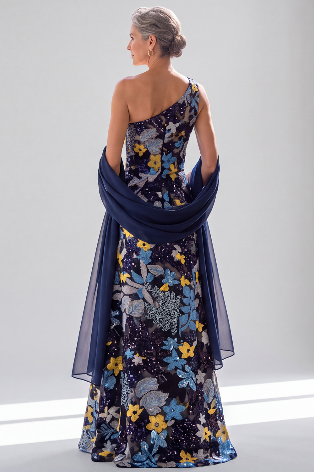 Navy A Line One Shoulder Floral Long Formal Dress