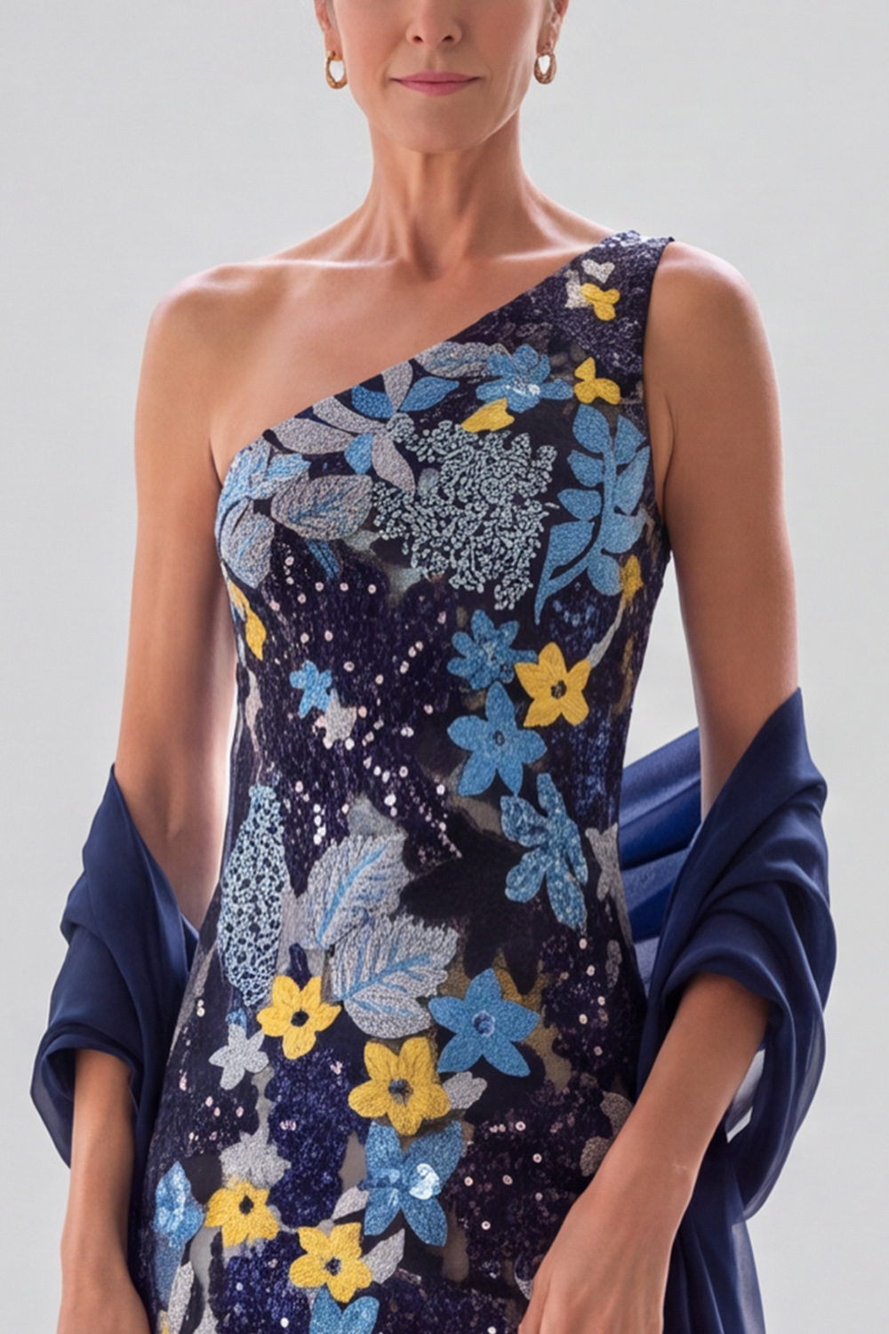 Navy A Line One Shoulder Floral Long Formal Dress