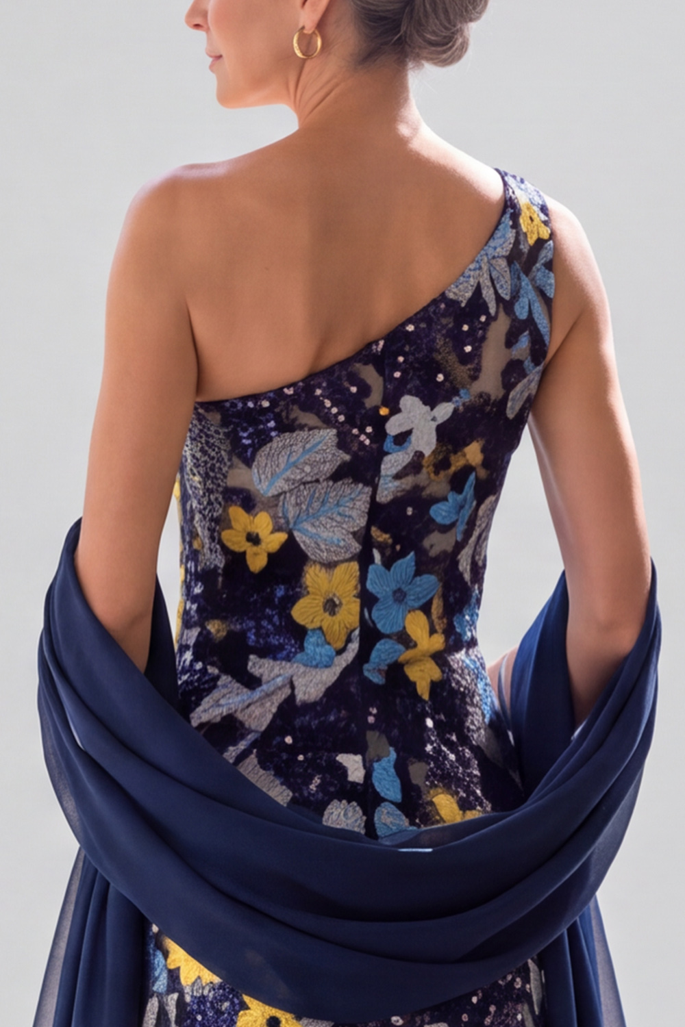 Navy A Line One Shoulder Floral Long Formal Dress