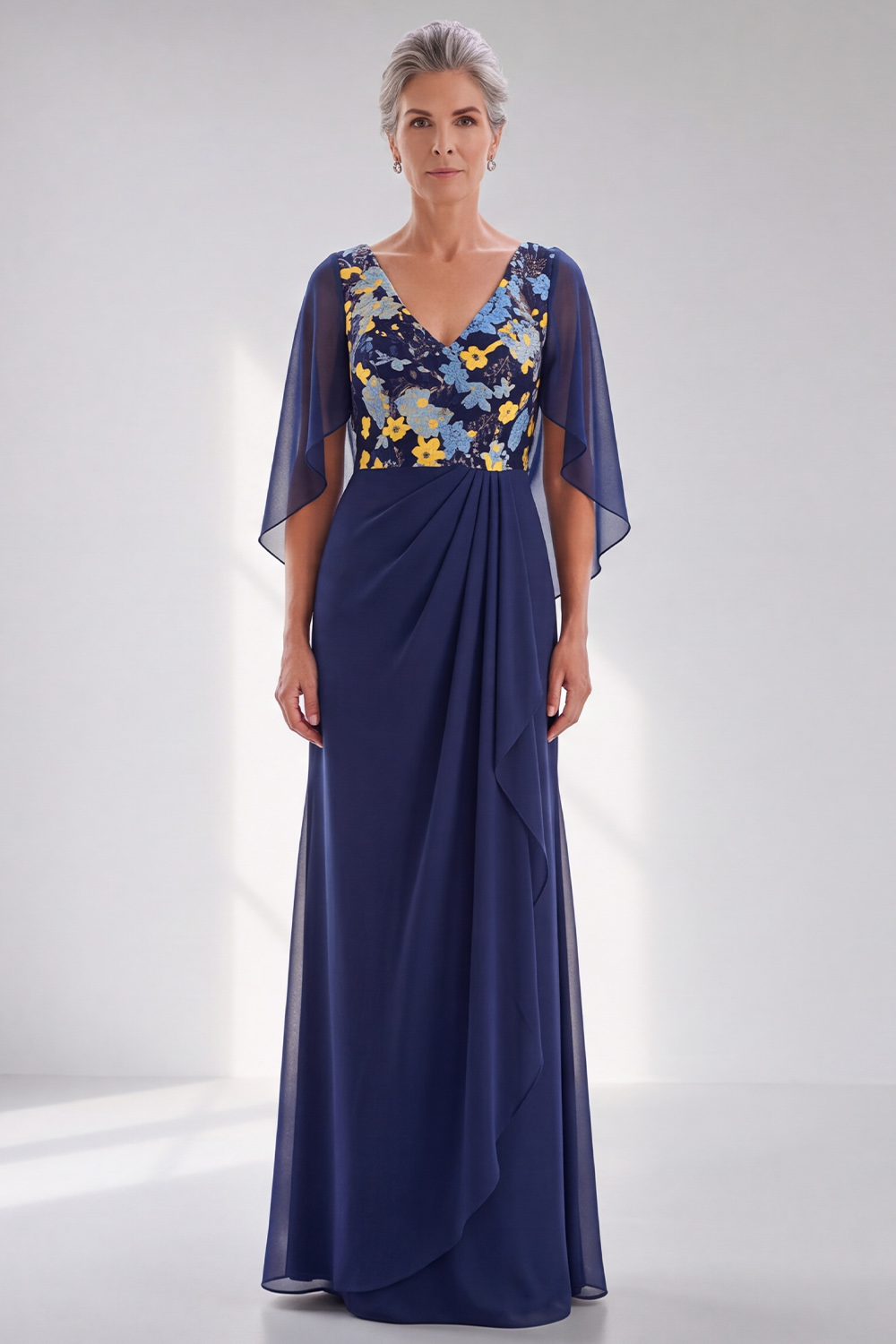 Navy Floral Sheath V-Neck Ruched Long Formal Dress with Cape
