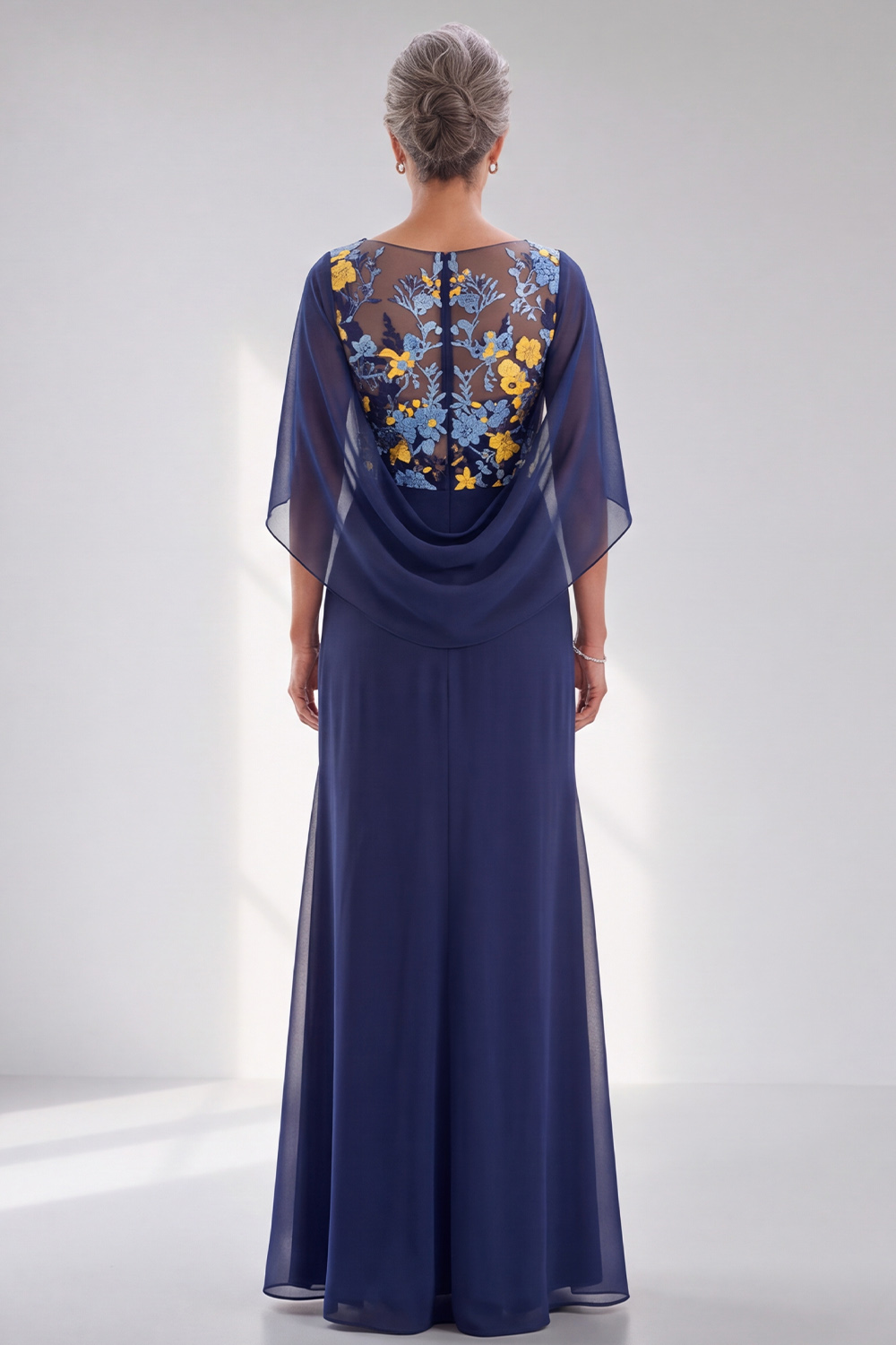 Navy Floral Sheath V-Neck Ruched Long Formal Dress with Cape
