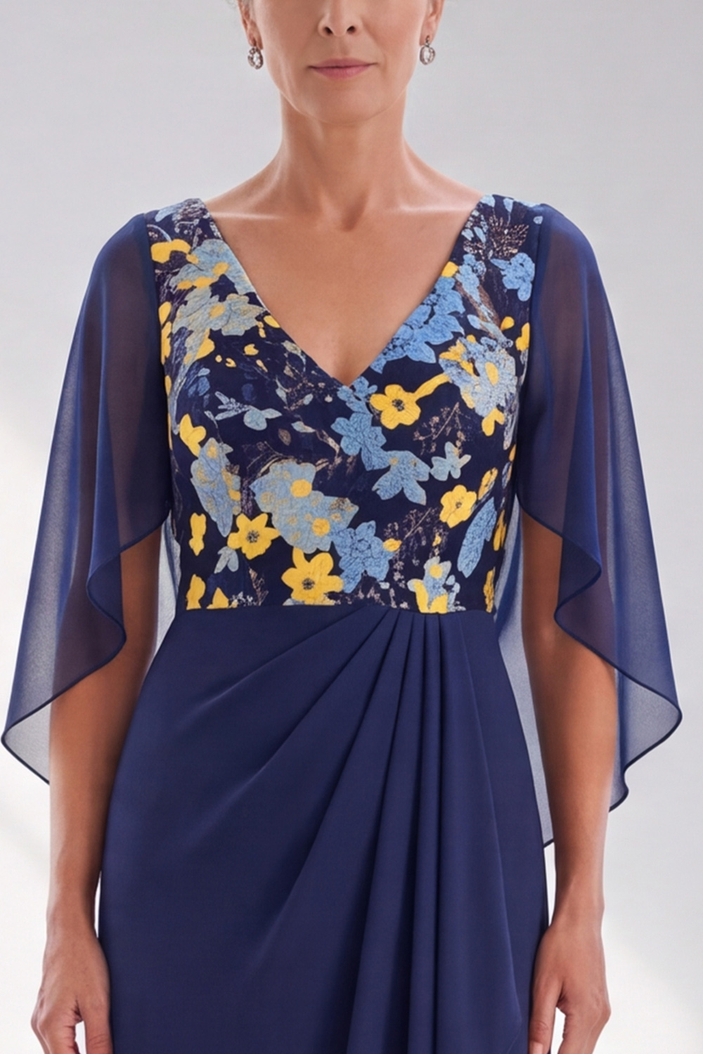 Navy Floral Sheath V-Neck Ruched Long Formal Dress with Cape