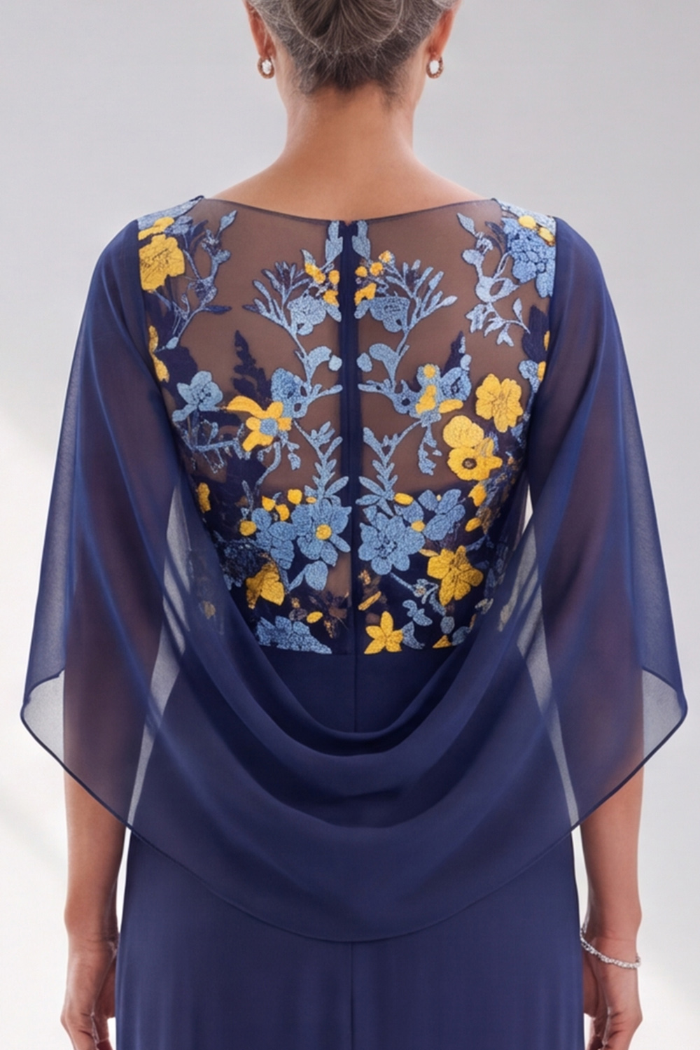 Navy Floral Sheath V-Neck Ruched Long Formal Dress with Cape