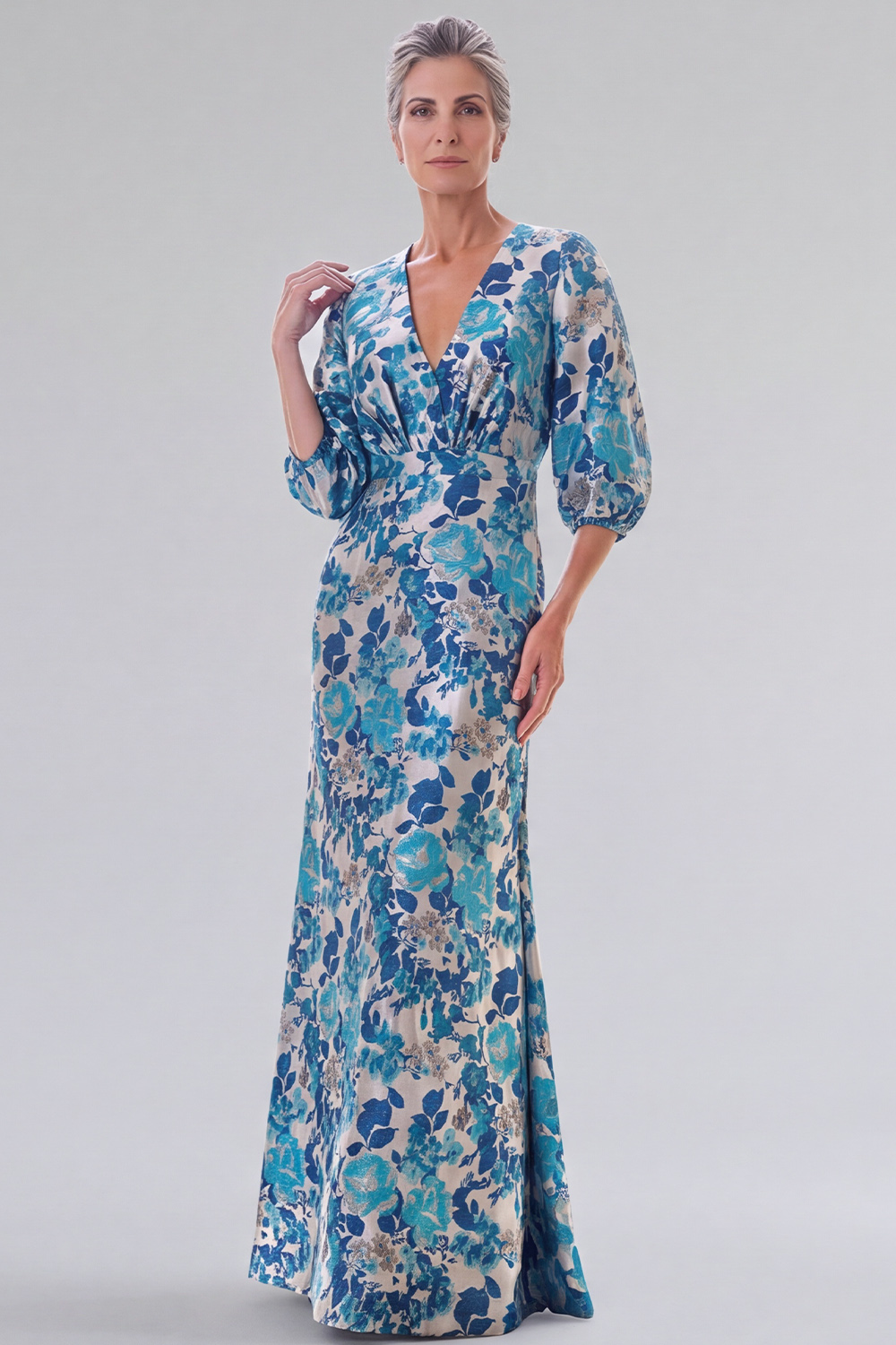 Blue Floral Sheath V-Neck Puff Sleeves Long Formal Dress