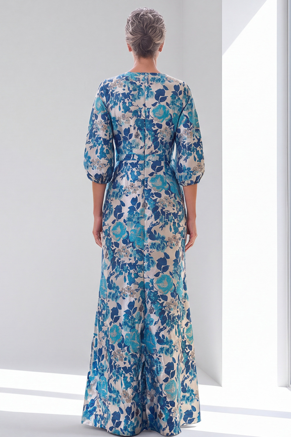 Blue Floral Sheath V-Neck Puff Sleeves Long Formal Dress