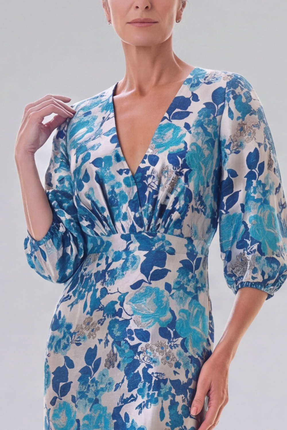 Blue Floral Sheath V-Neck Puff Sleeves Long Formal Dress
