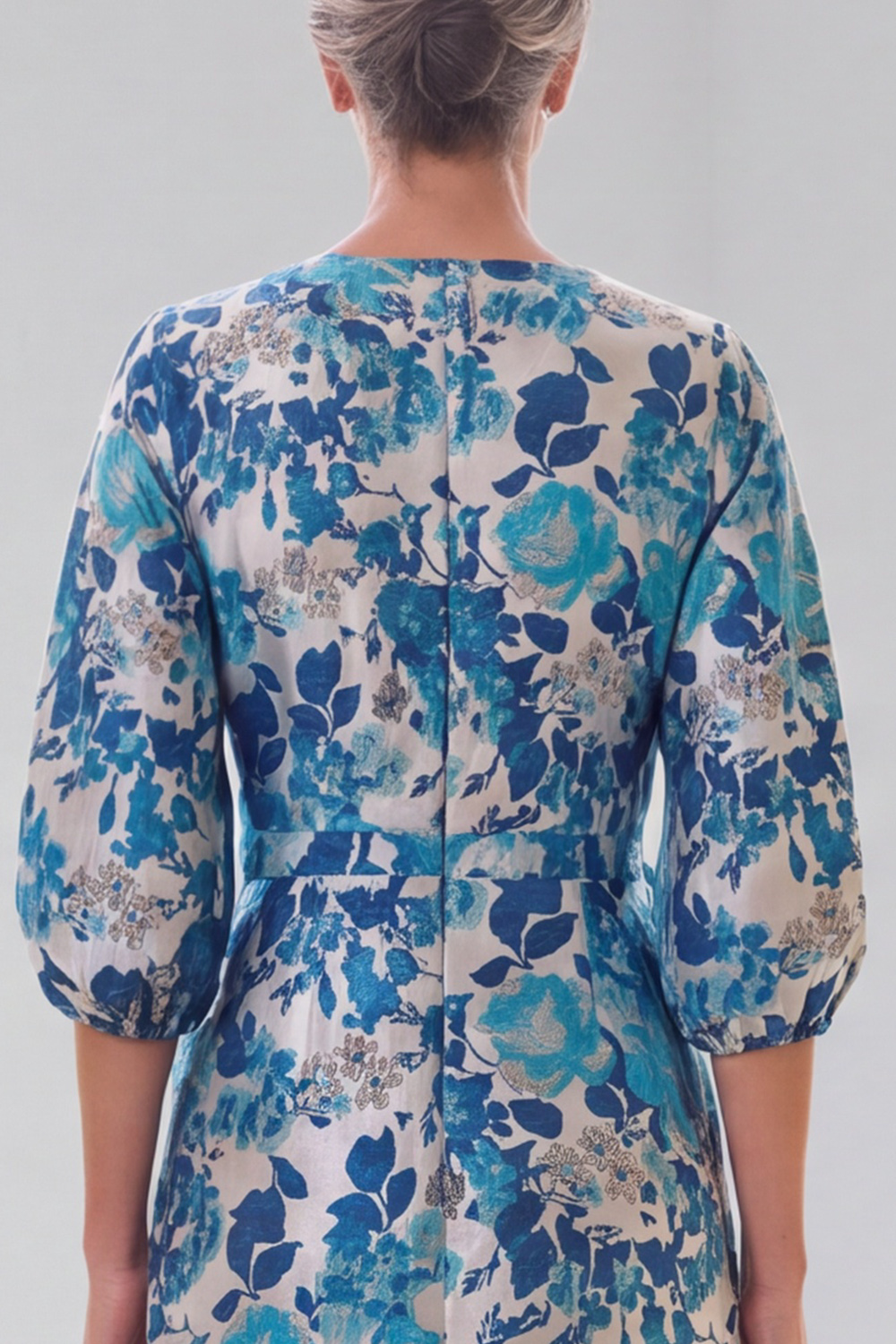 Blue Floral Sheath V-Neck Puff Sleeves Long Formal Dress