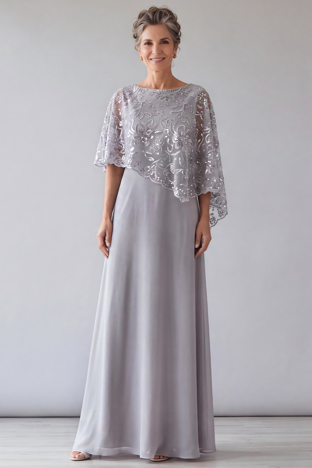 Silver Grey A-Line Round Neck Long Formal Dress with Cape