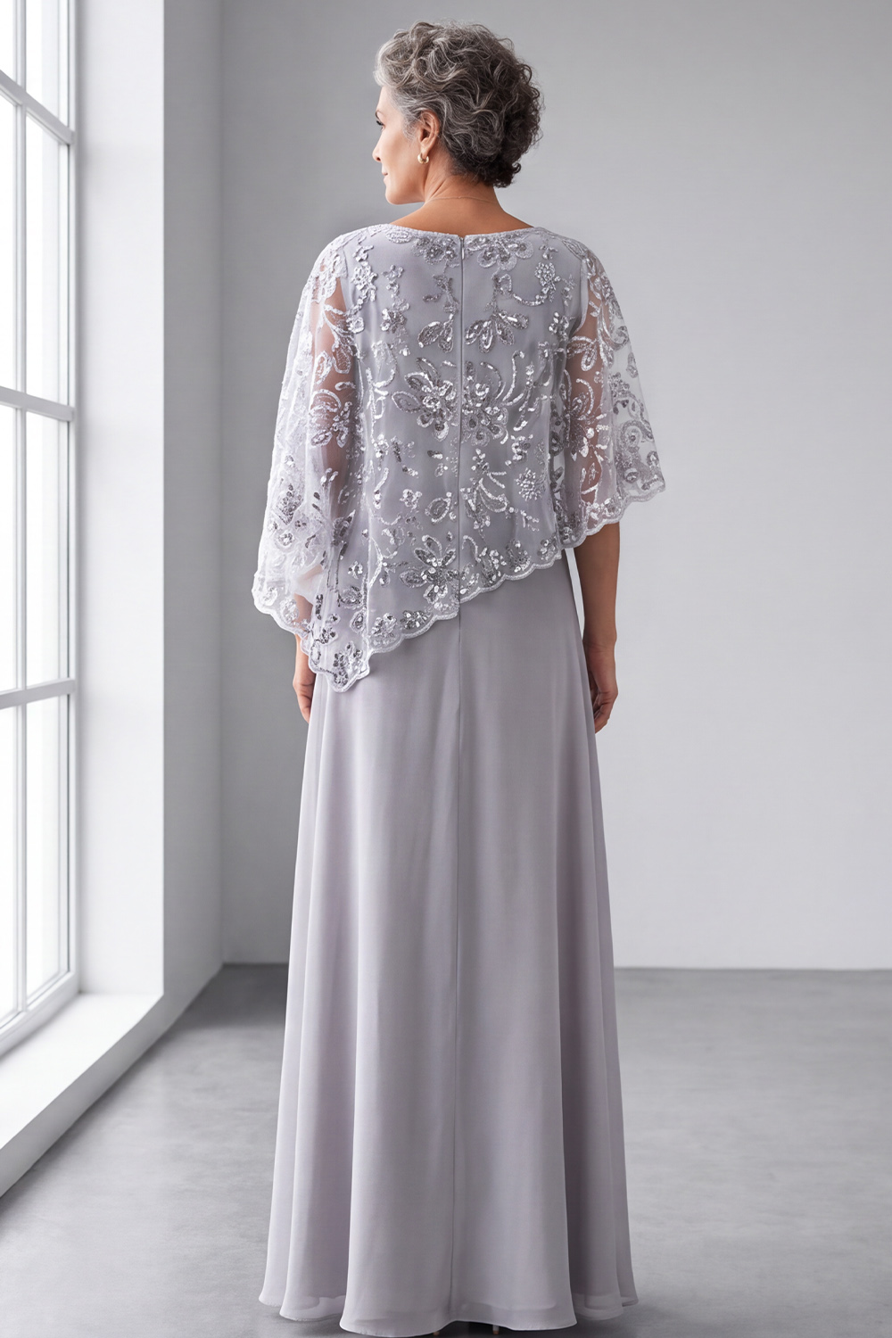 Silver Grey A-Line Round Neck Long Formal Dress with Cape