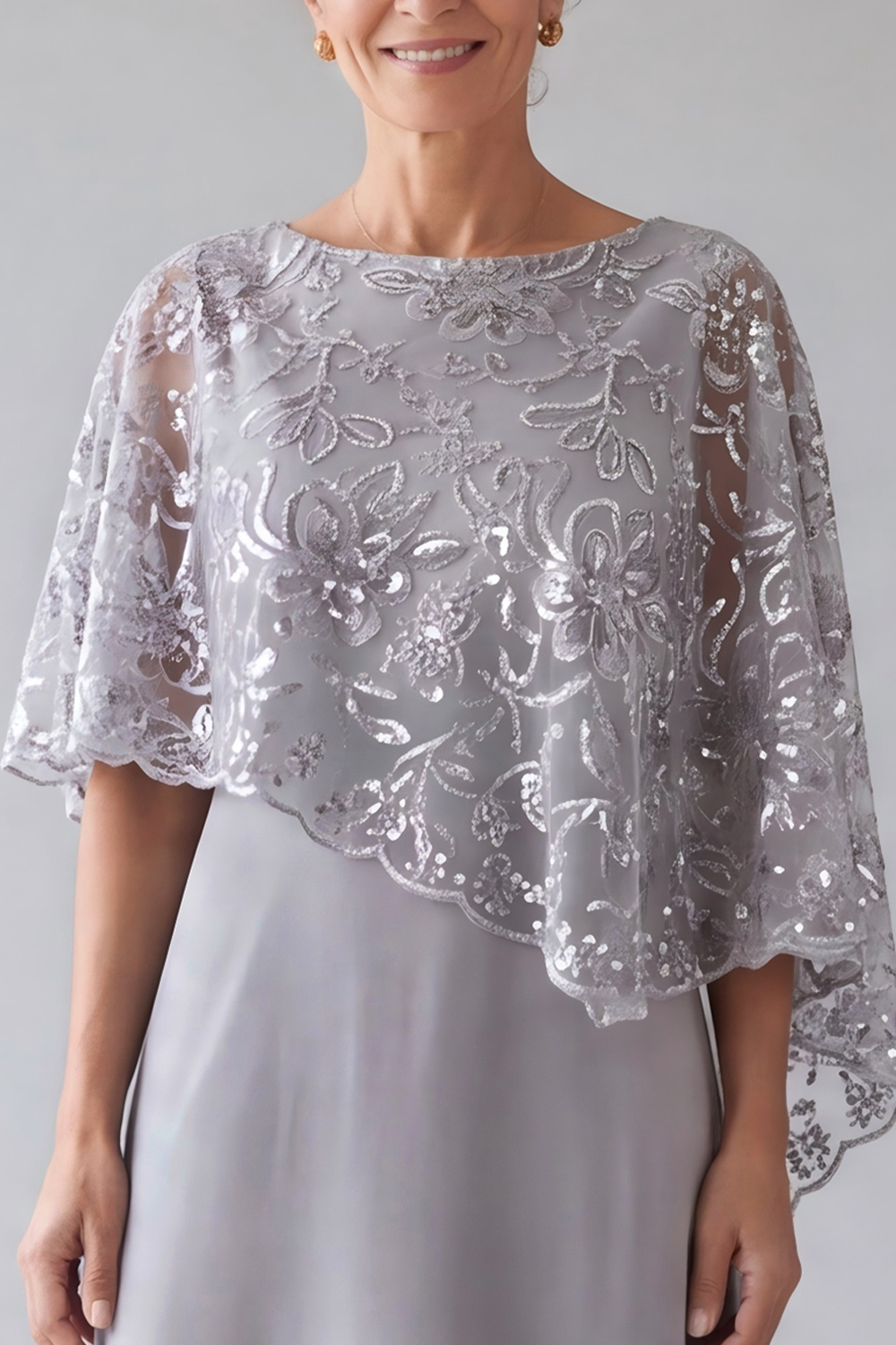 Silver Grey A-Line Round Neck Long Formal Dress with Cape