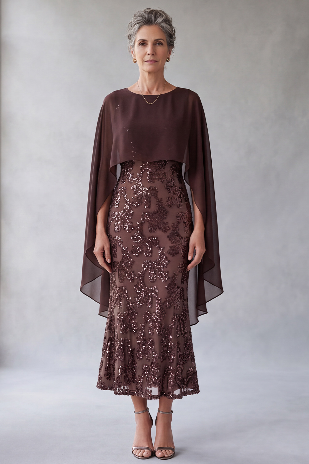 Dark Brown Sheath Round Neck Sequins Midi Mother of the Bride Dress with Cape