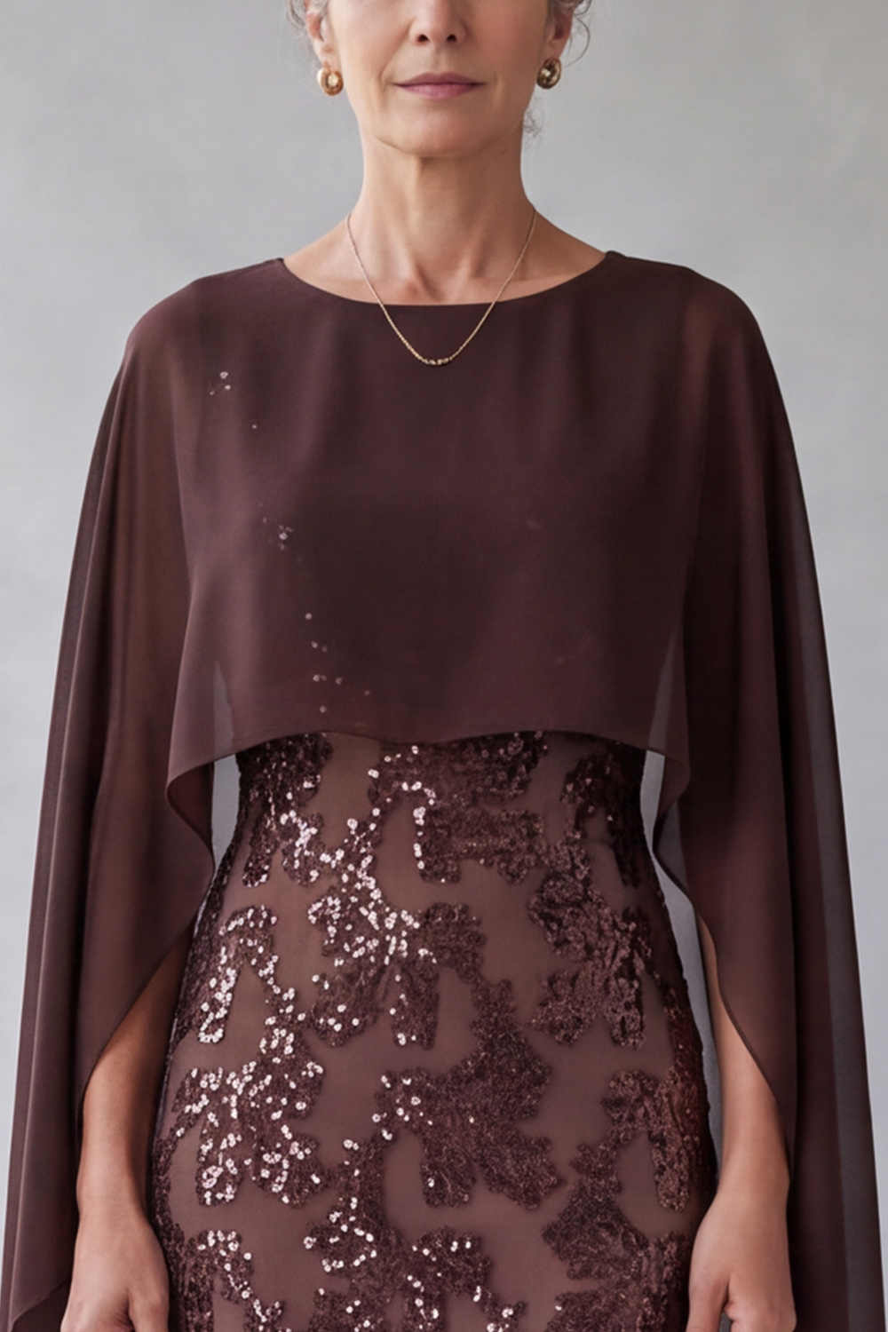 Dark Brown Sheath Round Neck Sequins Midi Mother of the Bride Dress with Cape