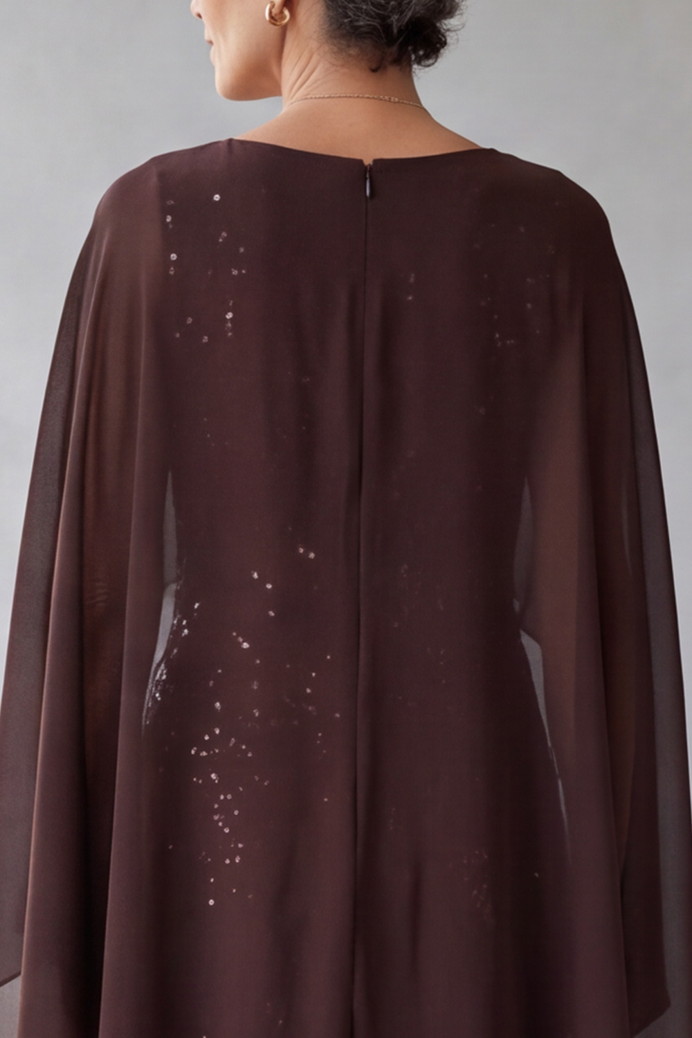 Dark Brown Sheath Round Neck Sequins Midi Mother of the Bride Dress with Cape